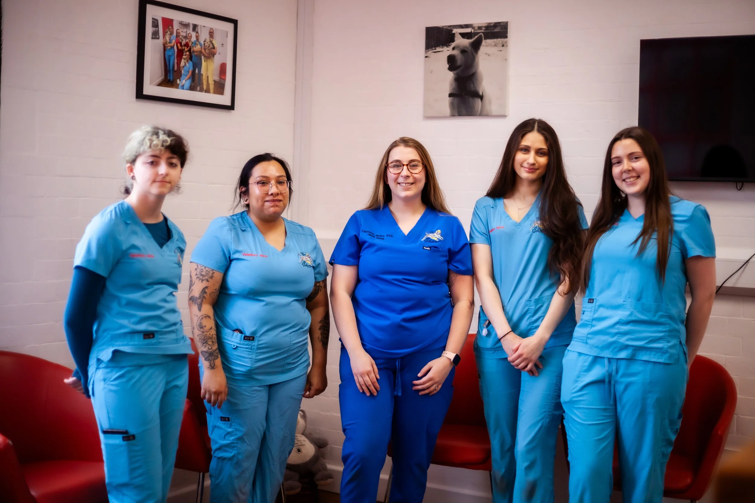 Group of five female nurses wearing blue scrubs standing in a room with white brick walls, framed pictures, and a TV mounted on the wall.