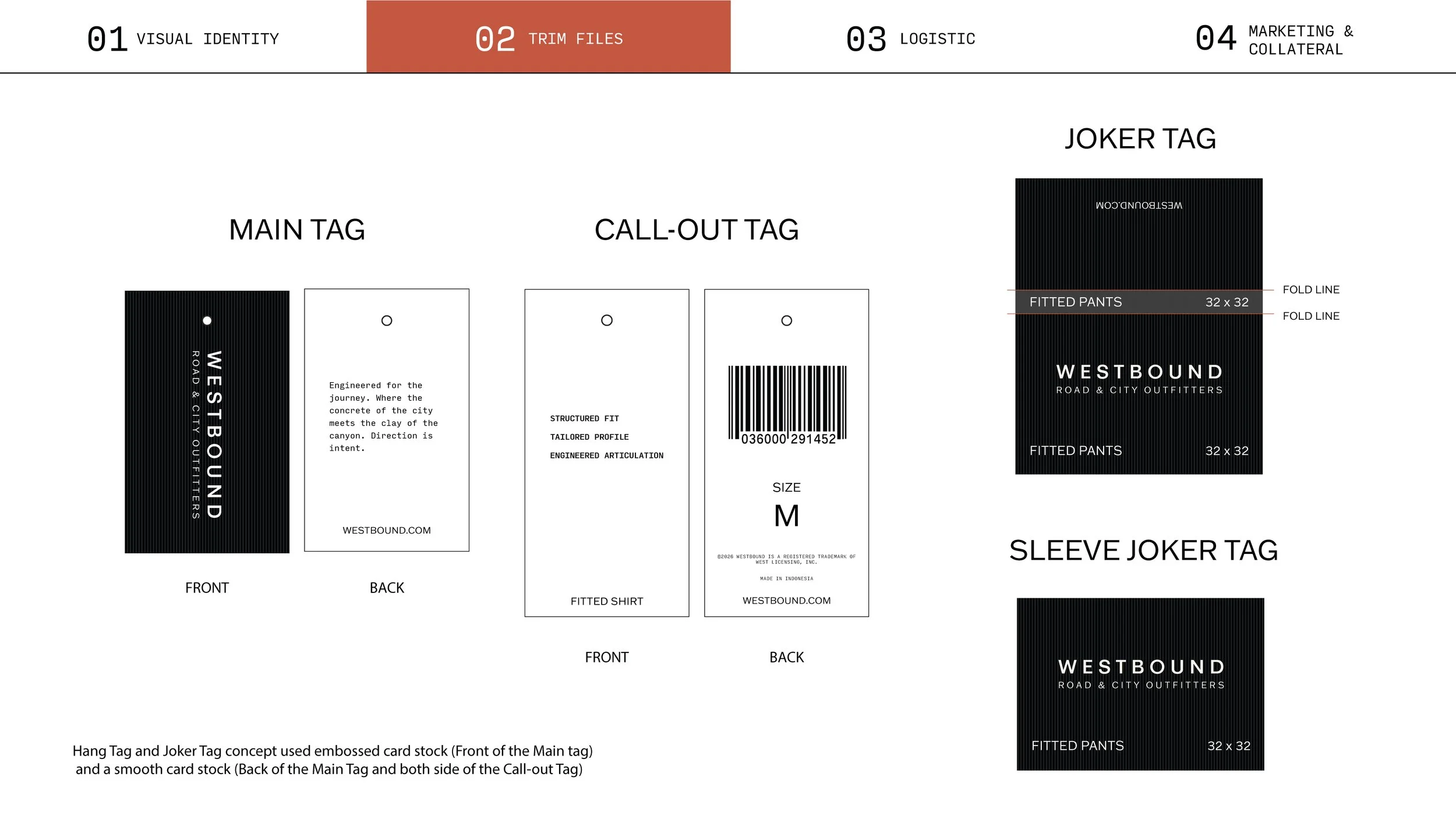 Design sheet for clothing tags including main tag, call-out tag, joker tag, and sleeve joker tag for Westbound Road & City Outfitters. The sheet shows front and back designs with text descriptions, barcode, size, and specifications for the tags, featuring black embossed card stock with white text and fold lines for assembly.