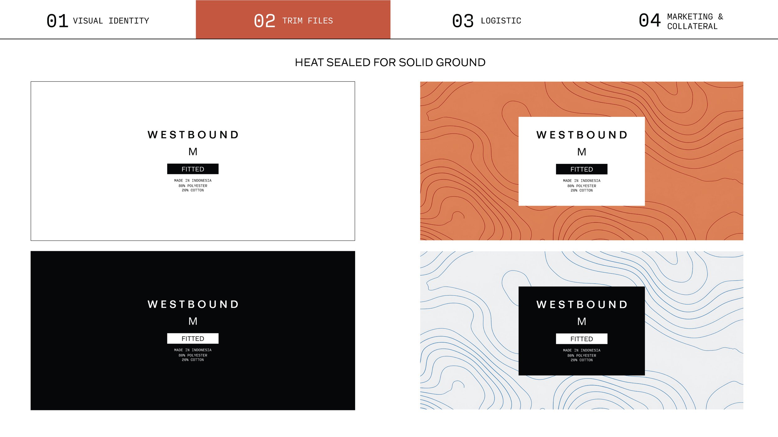 Design layout with four sections: top navigation bar labeled 01 to 04, highlighted section 02 titled 'Trim Files', and below are four designs of label tags for a product named 'Westbound', size M, made in Indonesia from 80% polyester and 20% cotton. The tags feature different backgrounds: plain white, orange with contour lines, black with white text, and light blue with blue contour lines.