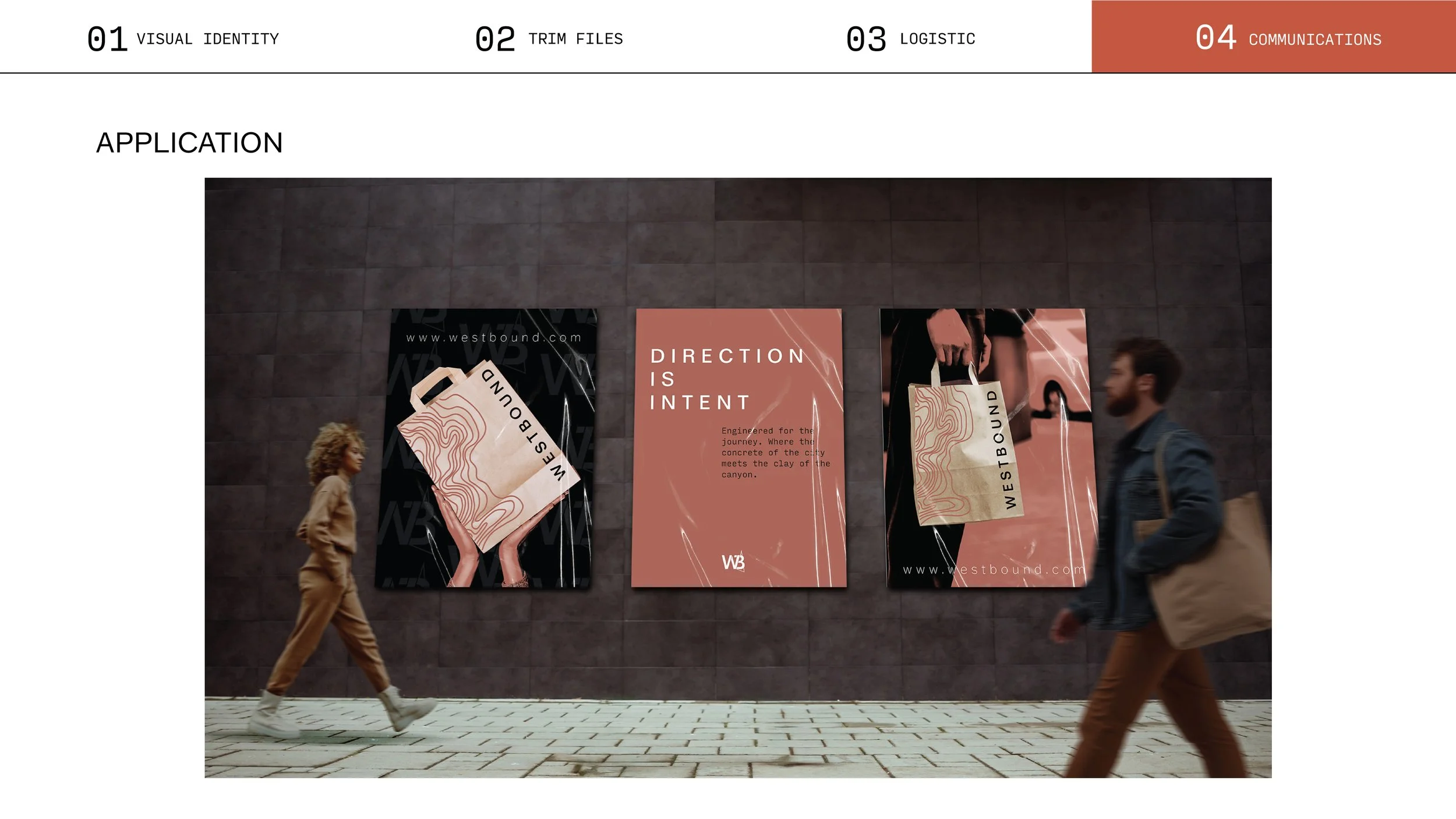 Two large advertising posters on a subway station wall, with one showing abstract graphics and the other with the message 'DIRECTION IS INTENT.' A woman and a man walk past the posters, each carrying a bag, with the woman wearing beige and the man wearing a denim jacket.