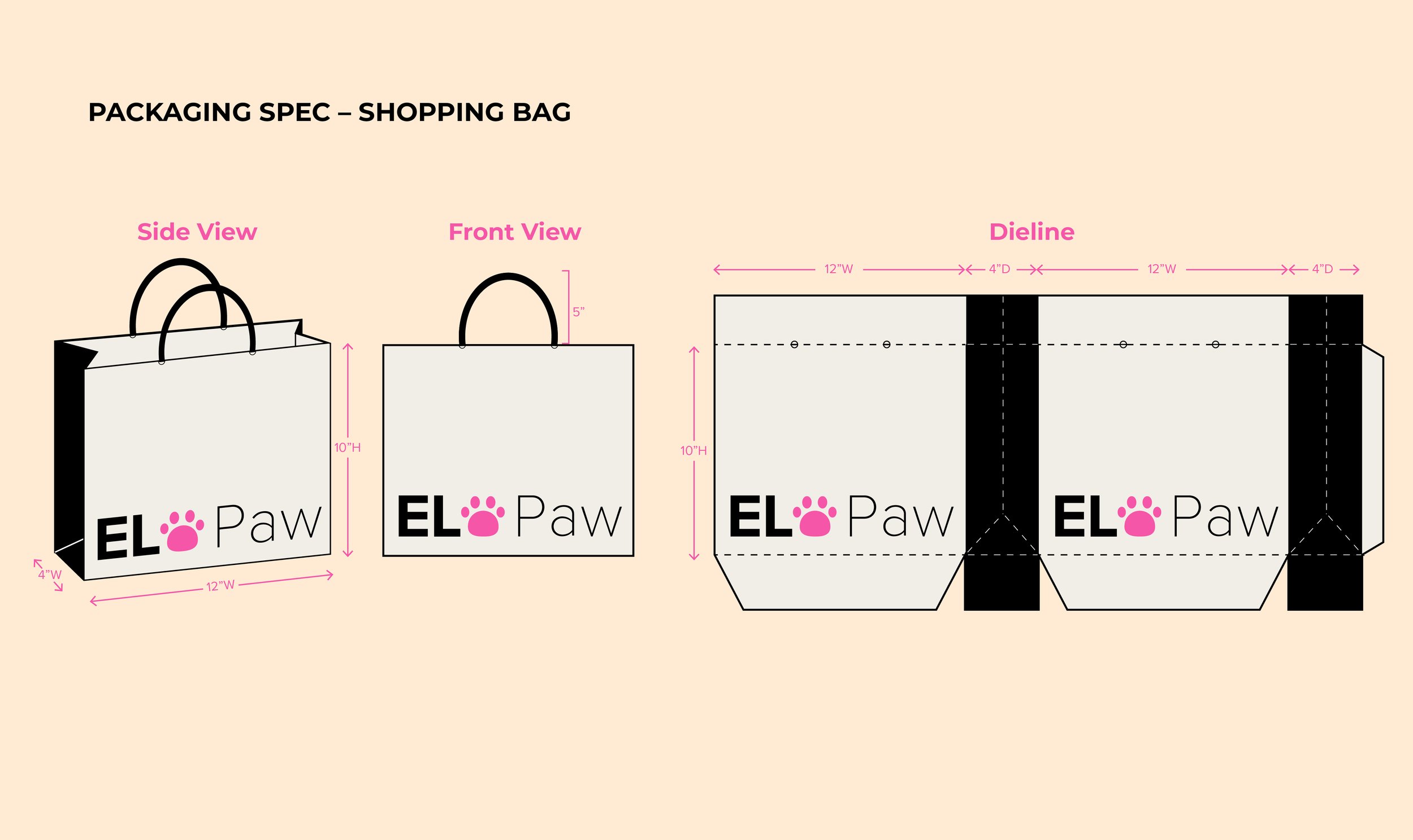 Design blueprint of a shopping bag for EL Paw. The illustration shows front, side, and dieline views with measurements, including handles and logo placement, on a beige background.