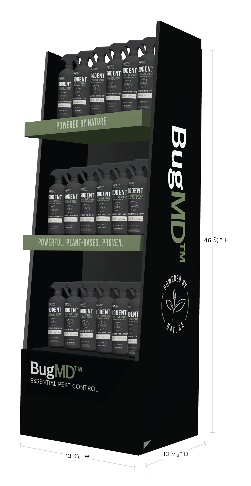 Black display stand for BugMD pest control products with three shelves holding spray bottles labeled 'BugMD' and 'Powerful plant-based proven' with a green banner reading 'Powered by Nature,' and another label at the bottom stating 'Essential pest control.'
