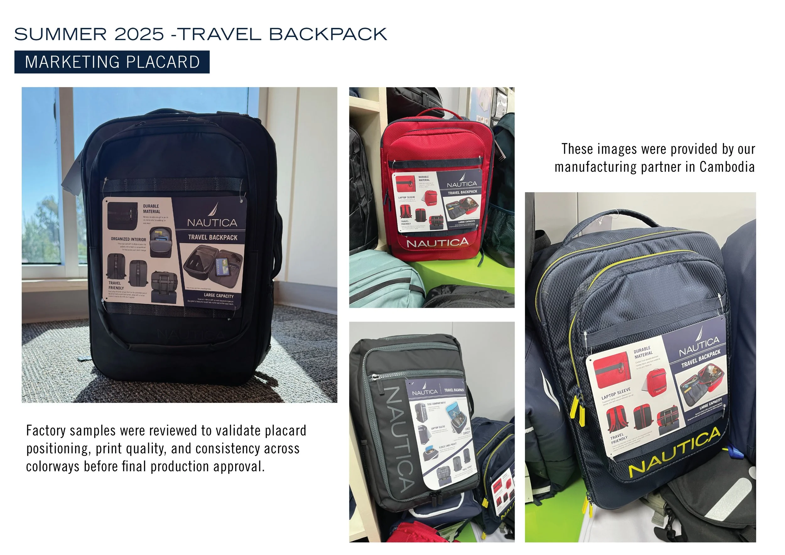 Display of four different Nautica travel backpacks in various colors and styles, with promotional tags, set against different backgrounds.