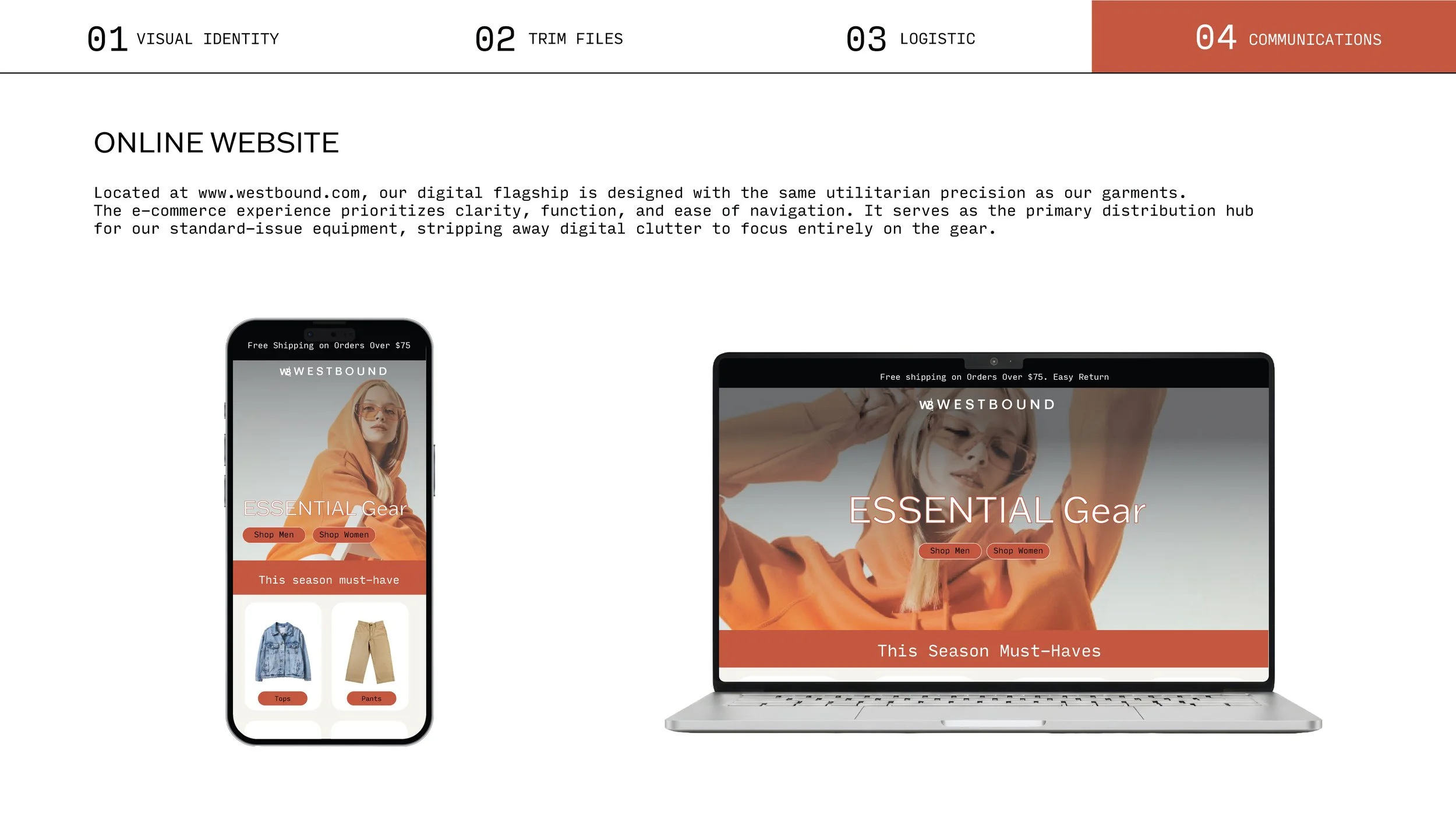 Display of a website homepage showcasing a fashion brand, with images of a woman in an orange hoodie on a smartphone and a laptop. The site promotes essential gear with categories for men's and women's clothing, highlighting season must-haves.
