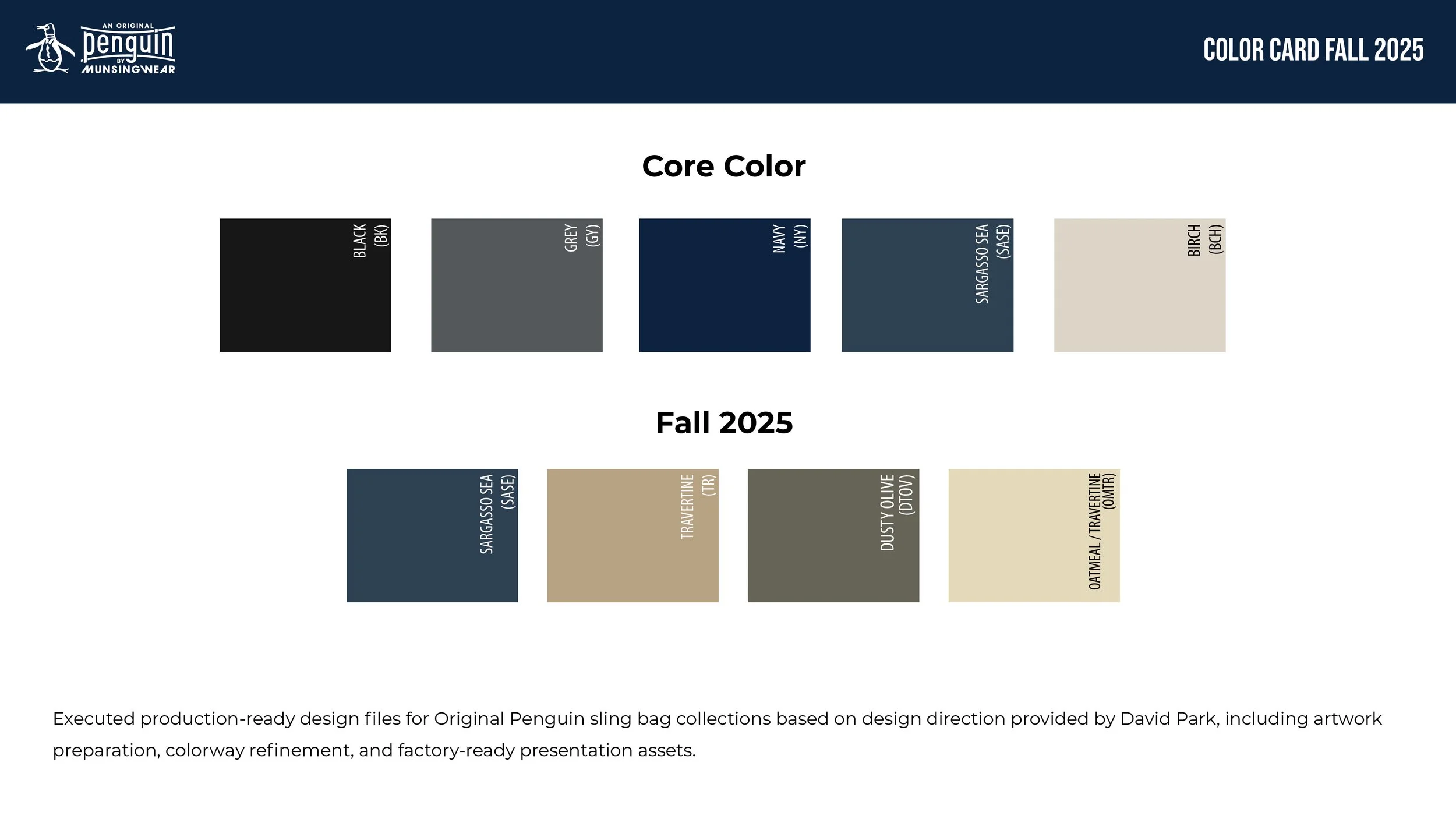 Color palette chart comparing core and fall 2025 colors for Penguin by Munsingwear, including black, grey, navy, sea, beige, terrine, dusty olive, and oatmeal.