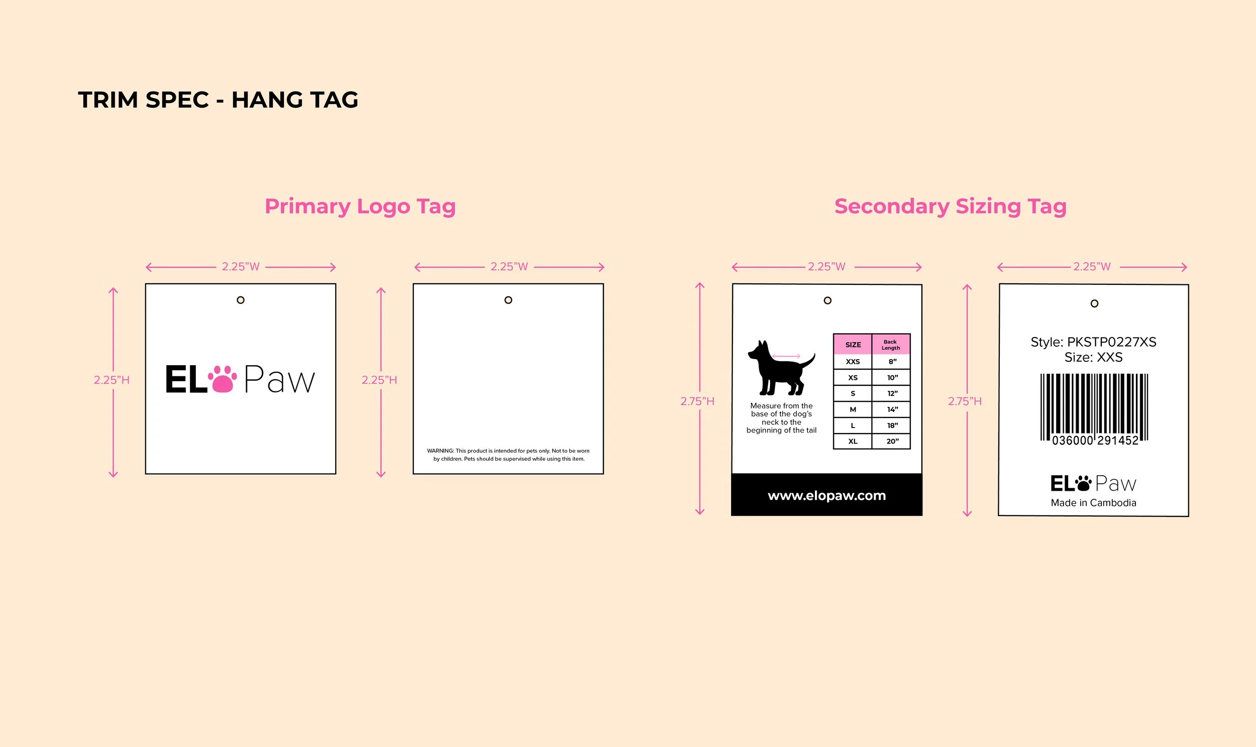 Diagram showing specifications for hang tags for EL Paw pet products, including primary logo tag, secondary sizing tag, with measurements and branding details.