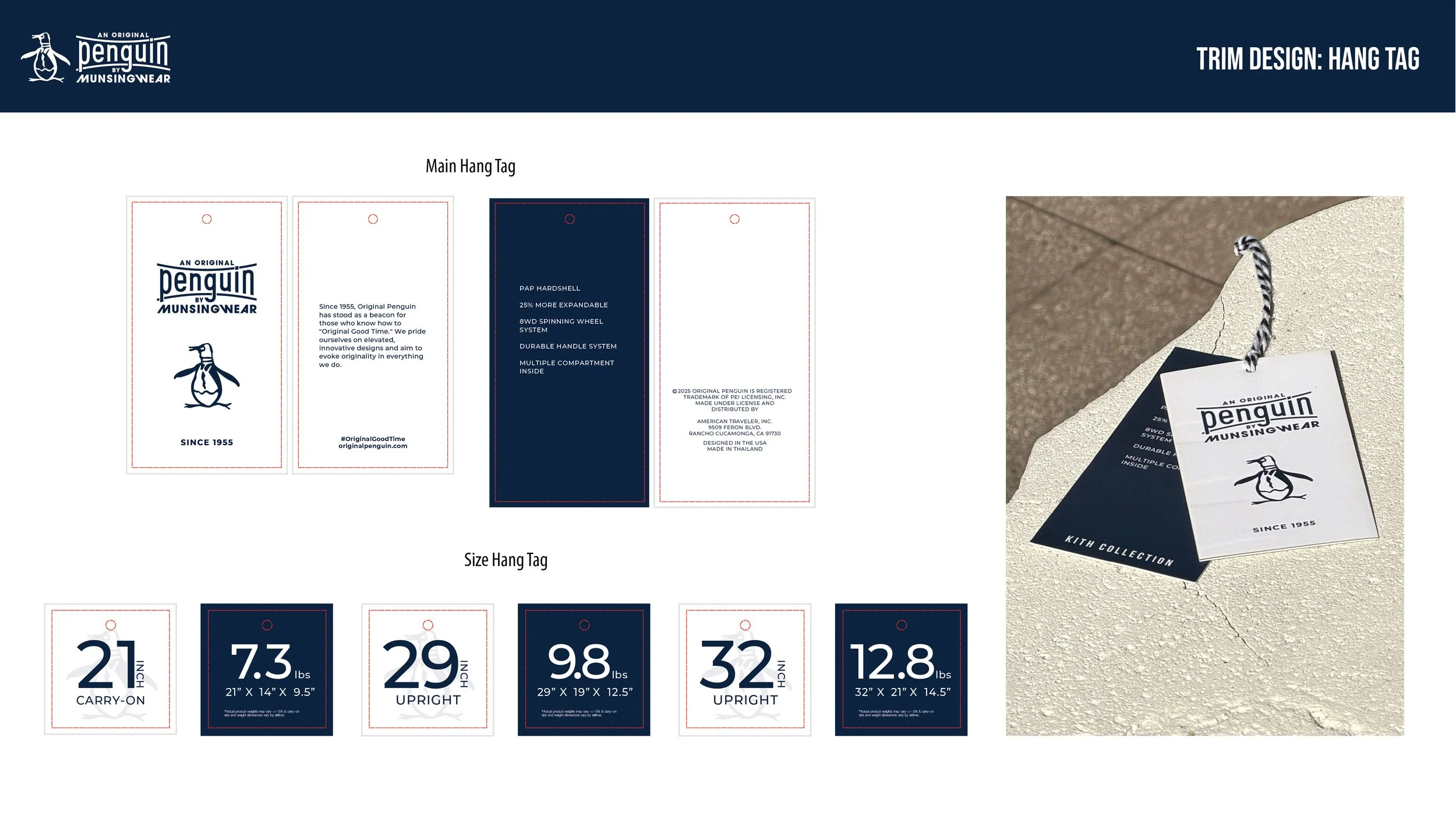 A display sheet showing fabric tag designs for Penguin Munsingwear, including main hang tags and size hang tags with details on design, features, and measurements, along with a photograph of the hang tags attached to a product.