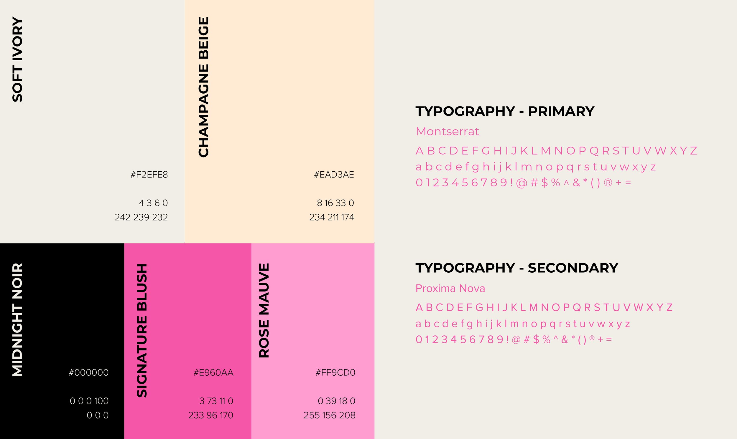 Color palette chart with various font styles, including primary and secondary typography, and color codes.