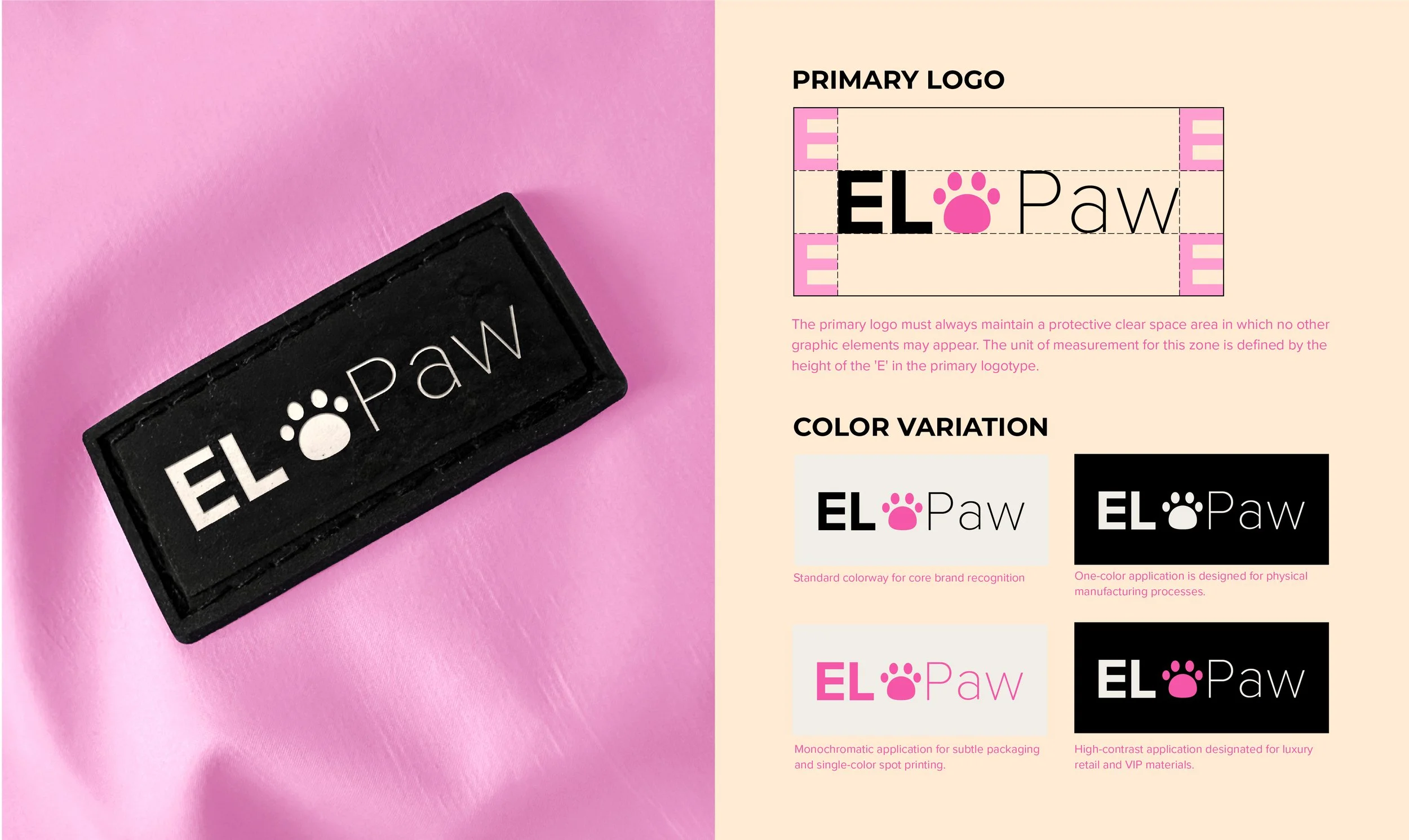 Image of a rubber stamp with the logo 'EL♡Paw' and a branding guidelines chart on a pink background, demonstrating logo design, color variations, and branding applications.