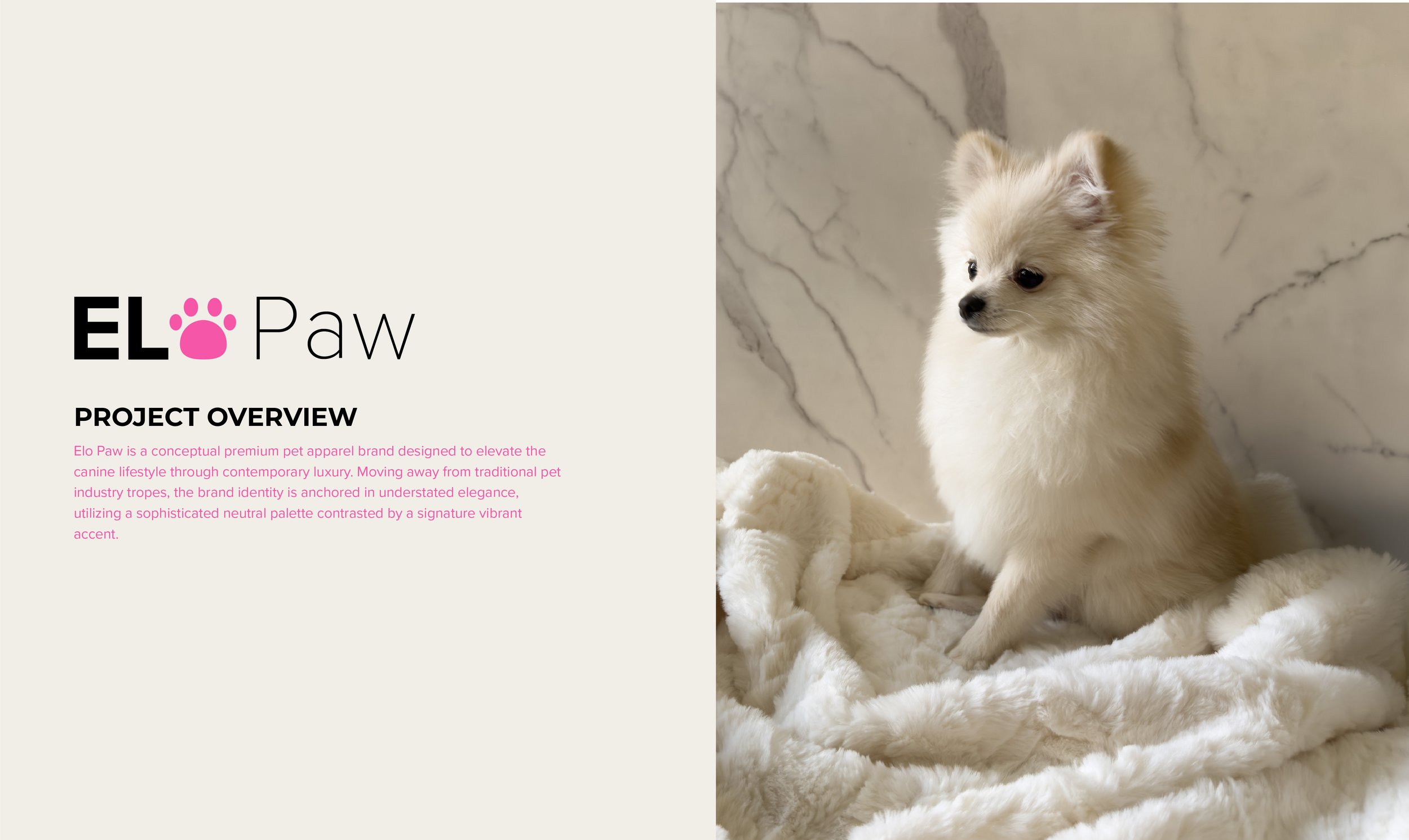 A small, fluffy cream-colored puppy sitting on a plush white blanket, with a marble wall background.