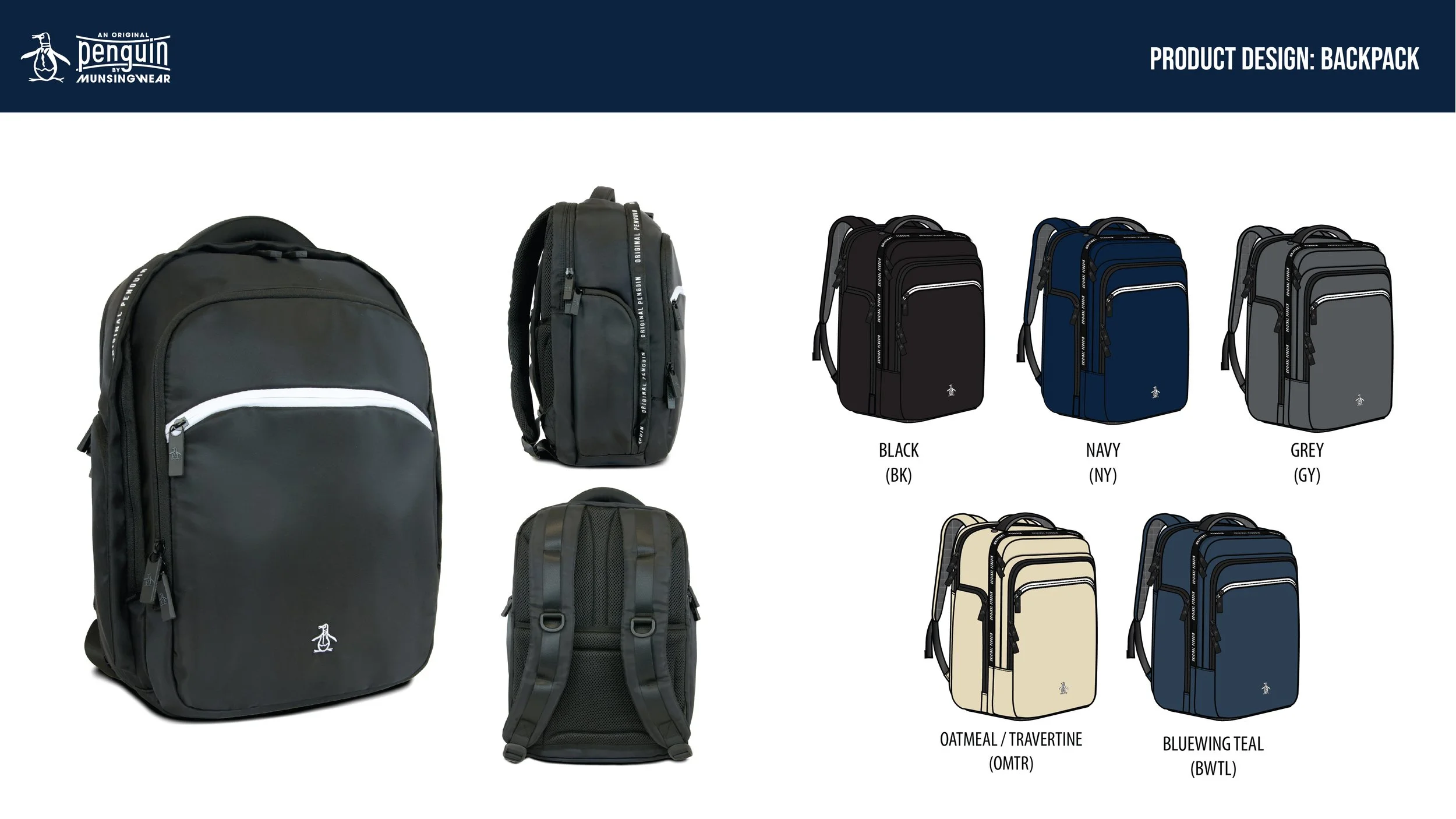 Display of various backpacks in different colors, including black, navy, grey, oatmeal, and bluewing teal, with labels for product design and color options.