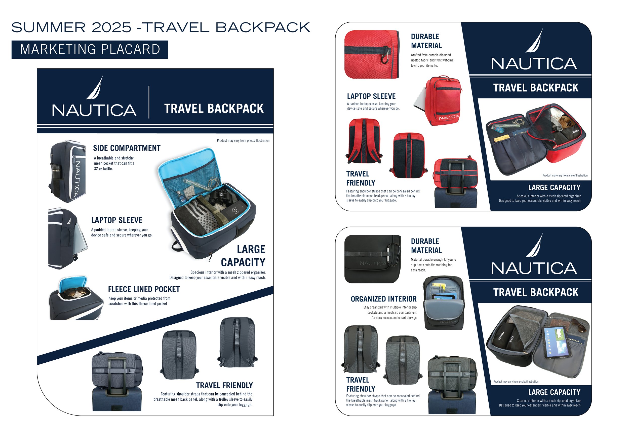 Travel backpack promotional flyer with images and descriptions of features including side compartment, laptop sleeve, fleece lined pocket, and organized interior. The flyer highlights durability, large capacity, travel friendliness, and a mesh zipper organizer. The design includes the Nautica brand logo and images of the backpacks in navy and red colors.