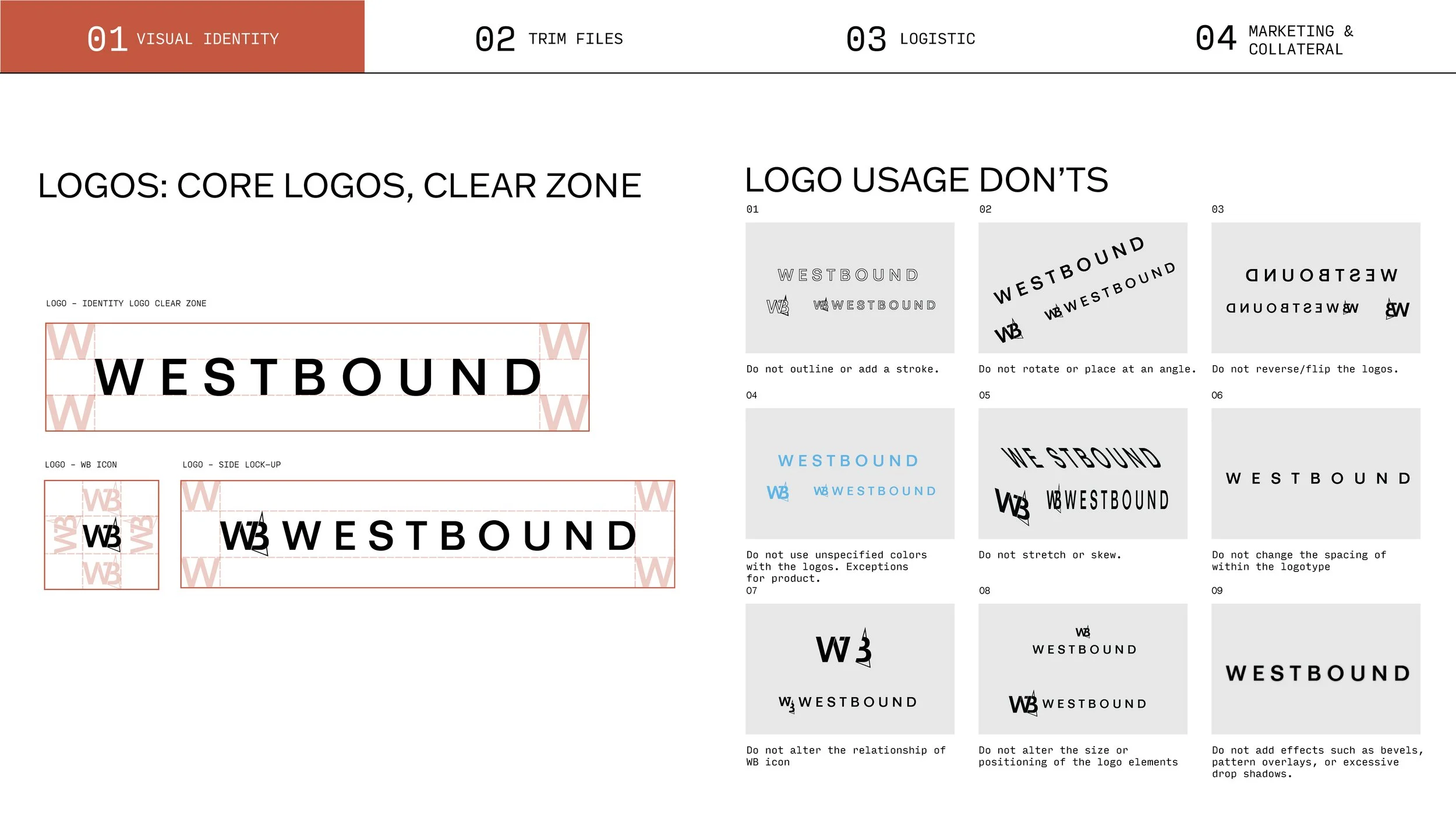 Guidelines for logo usage of 'Westbound.' The page shows the primary and secondary logo designs, including core logo, icon, and lock-up. It also provides instructions on what not to do with the logo, such as outlining, rotating, flipping, stretching, skewing, changing spacing, altering size or positioning, and adding effects.