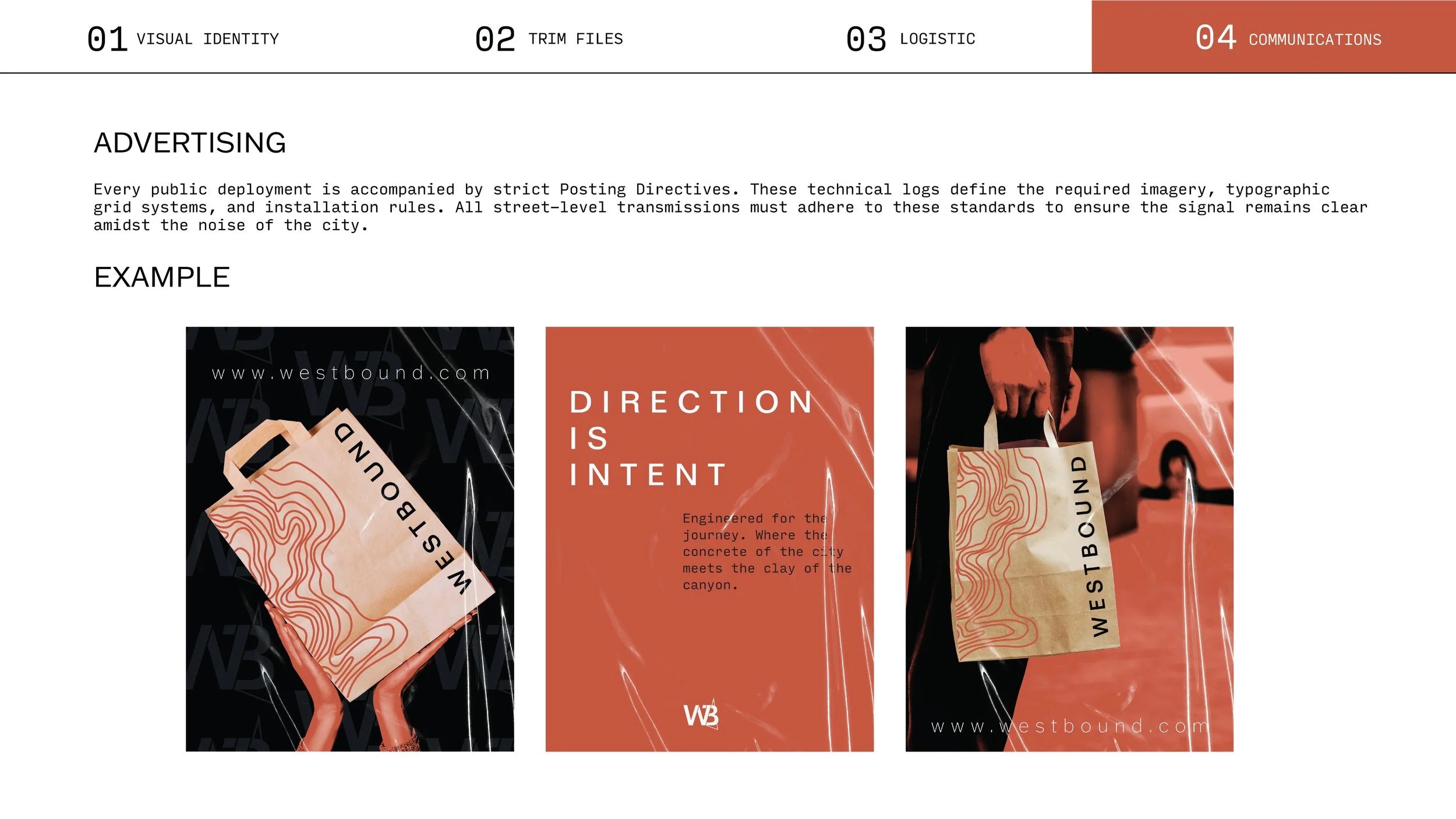 Design presentation slide with four sections titled Visual Identity, Trim Files, Logistic, Communications; focused on advertising, showing three example images of branding materials including a handbook and a paper bag, with text emphasizing the importance of clear signal standards for city noise.