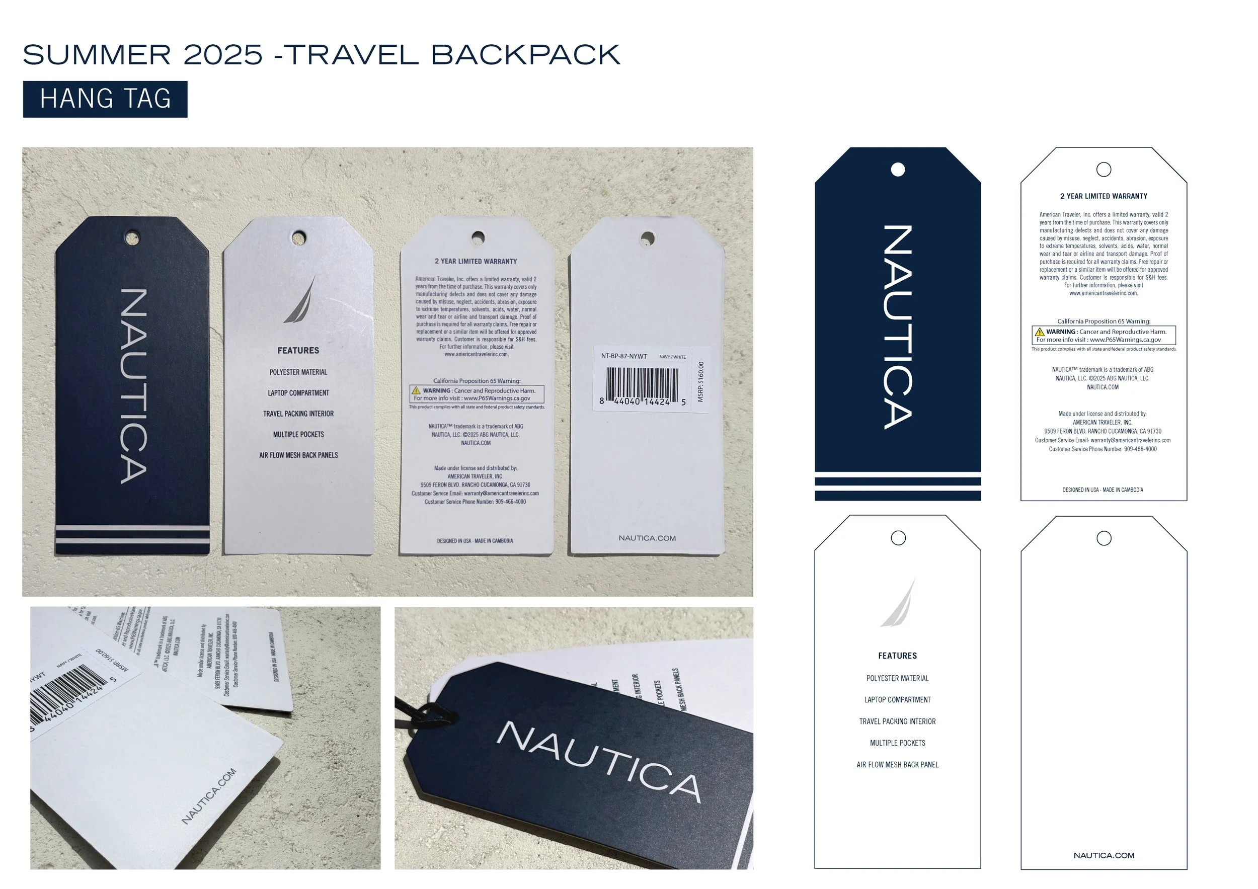 Collection of Nautica travel backpack hang tags, including front, back, and close-up images, with Nautica branding and product details.