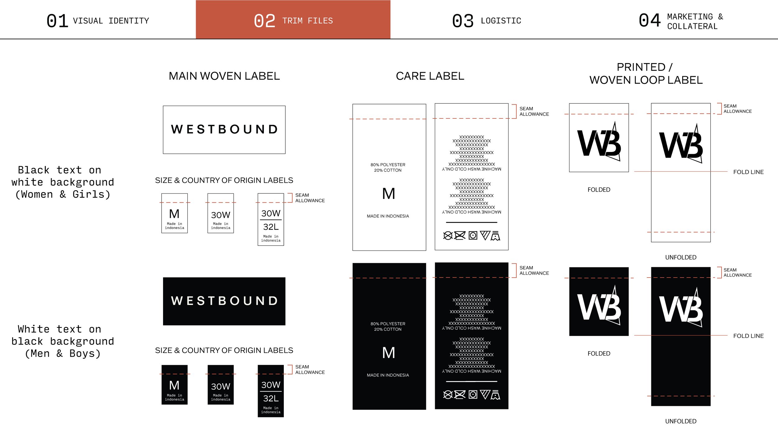 A guide for clothing label design with sections on visual identity, trim files, logistics, and marketing; includes examples of main woven labels, care labels, and woven loop labels, showing specifications for color, font, fold lines, seam allowances, and fabric composition.