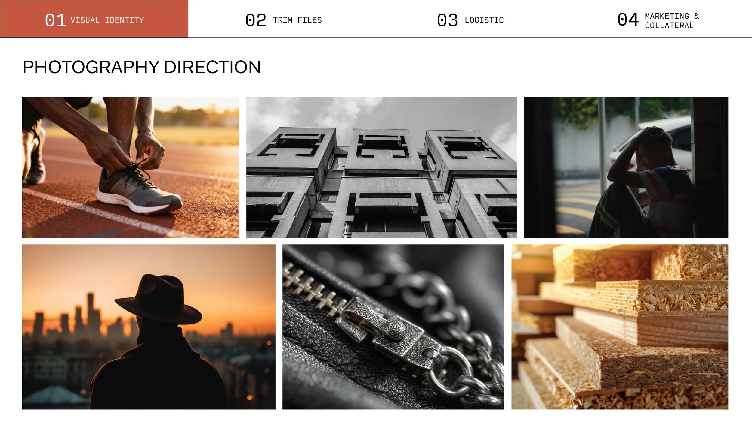 Collage of six images. Top left: a person tying shoelaces on a running track at sunset. Top center: a black-and-white photo of a building with geometric patterns on its facade. Top right: a child sitting indoors in shadow, holding head with hand, looking downward. Bottom left: a person with a hat standing on a rooftop overlooking a city at sunset. Bottom center: a close-up of silver jewelry, possibly a chain or bracelet. Bottom right: a stack of various cut wood pieces, showing different textures and layers.