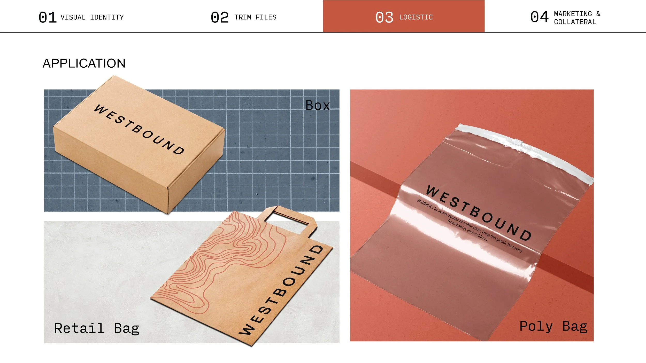 Comparison of Westbound packaging: a cardboard box and a retail paper bag on a grid background, and a metallic poly bag on a solid background, both displaying the Westbound logo.