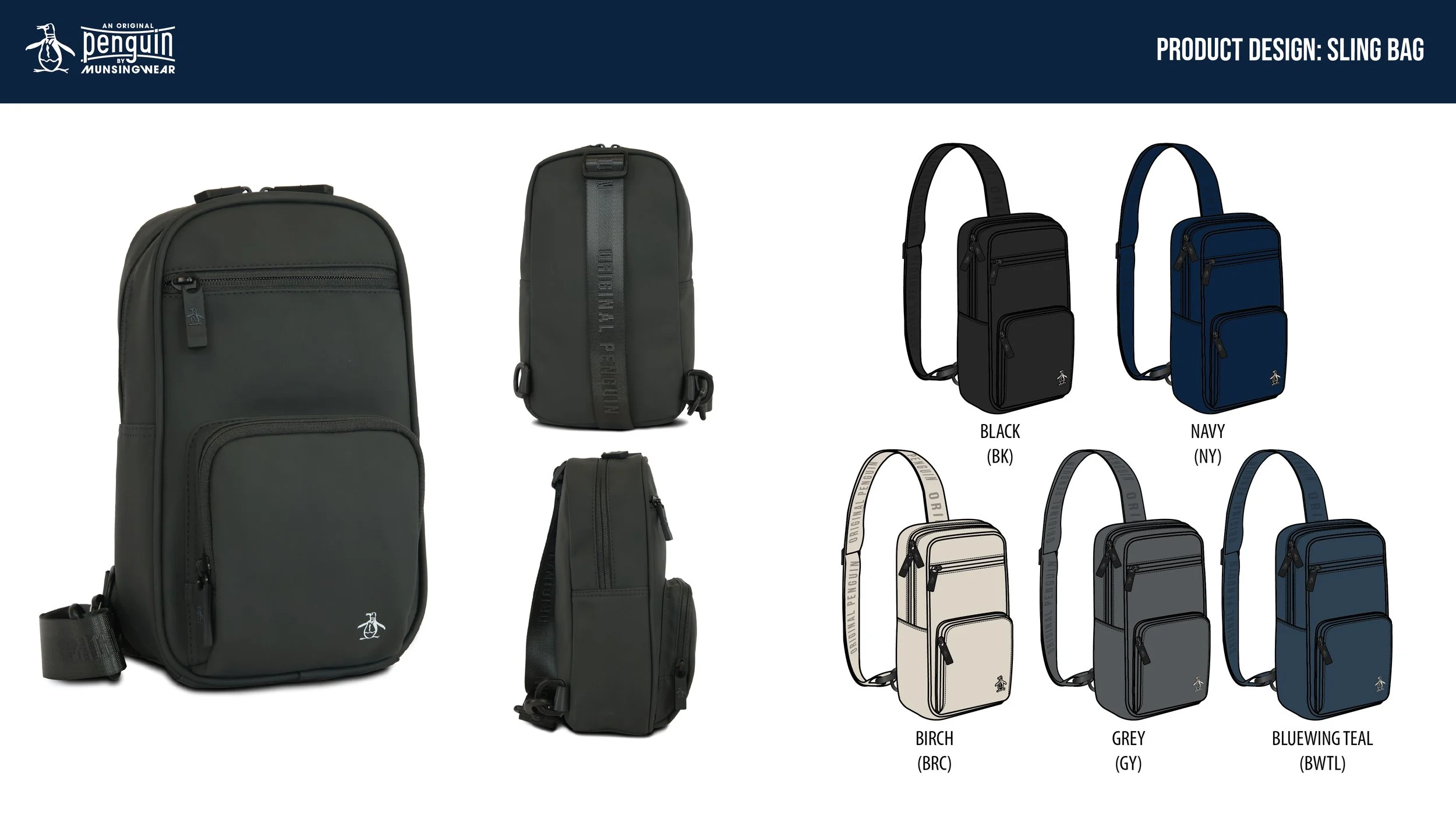 Gray and black sling bags and backpacks displayed with color options including black, navy, birch, grey, and bluewing teal, from Penguin by Munsingwear.