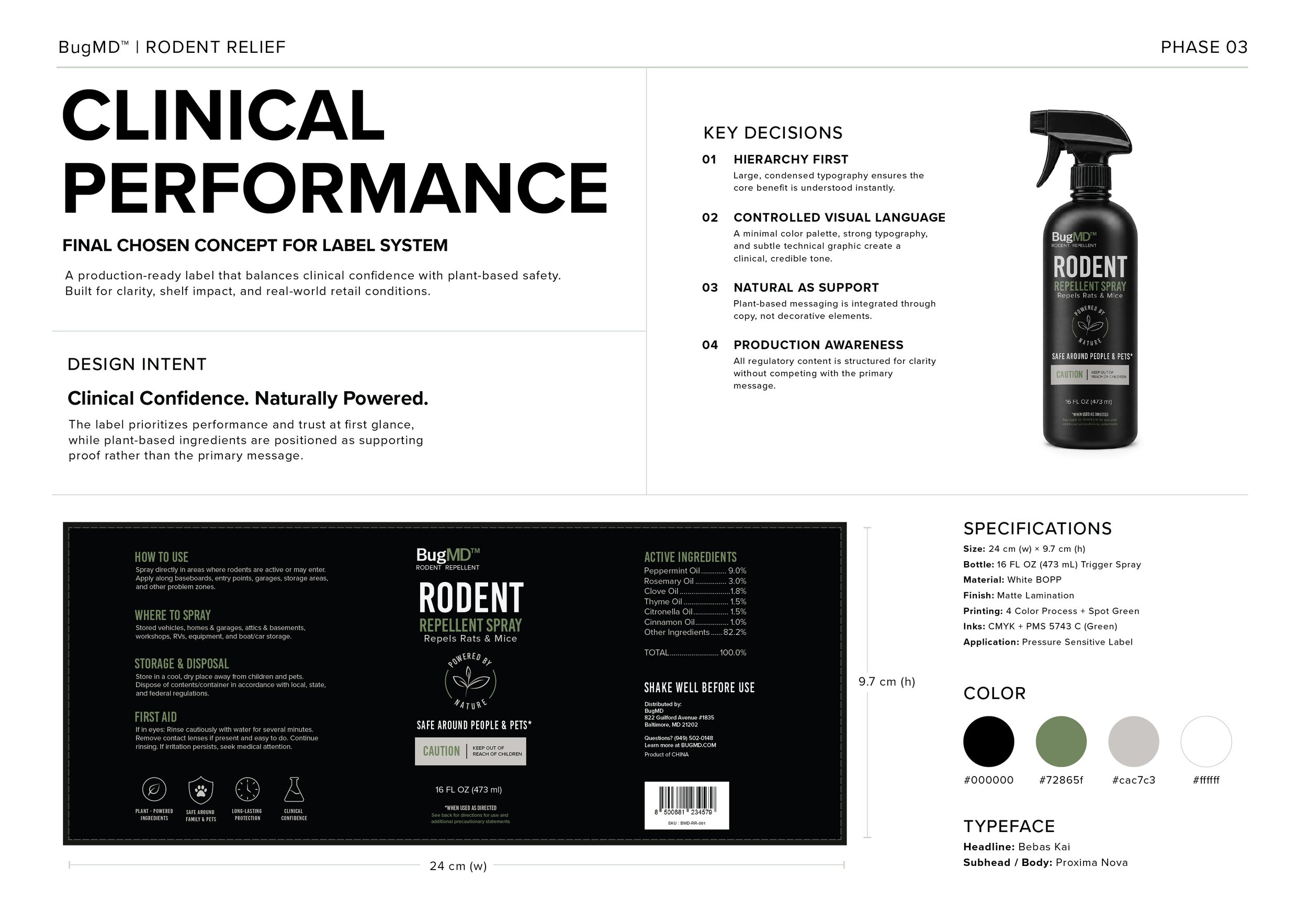 A label for BugMD rodent relief spray featuring product information, instructions, ingredients, and a photo of the spray bottle.