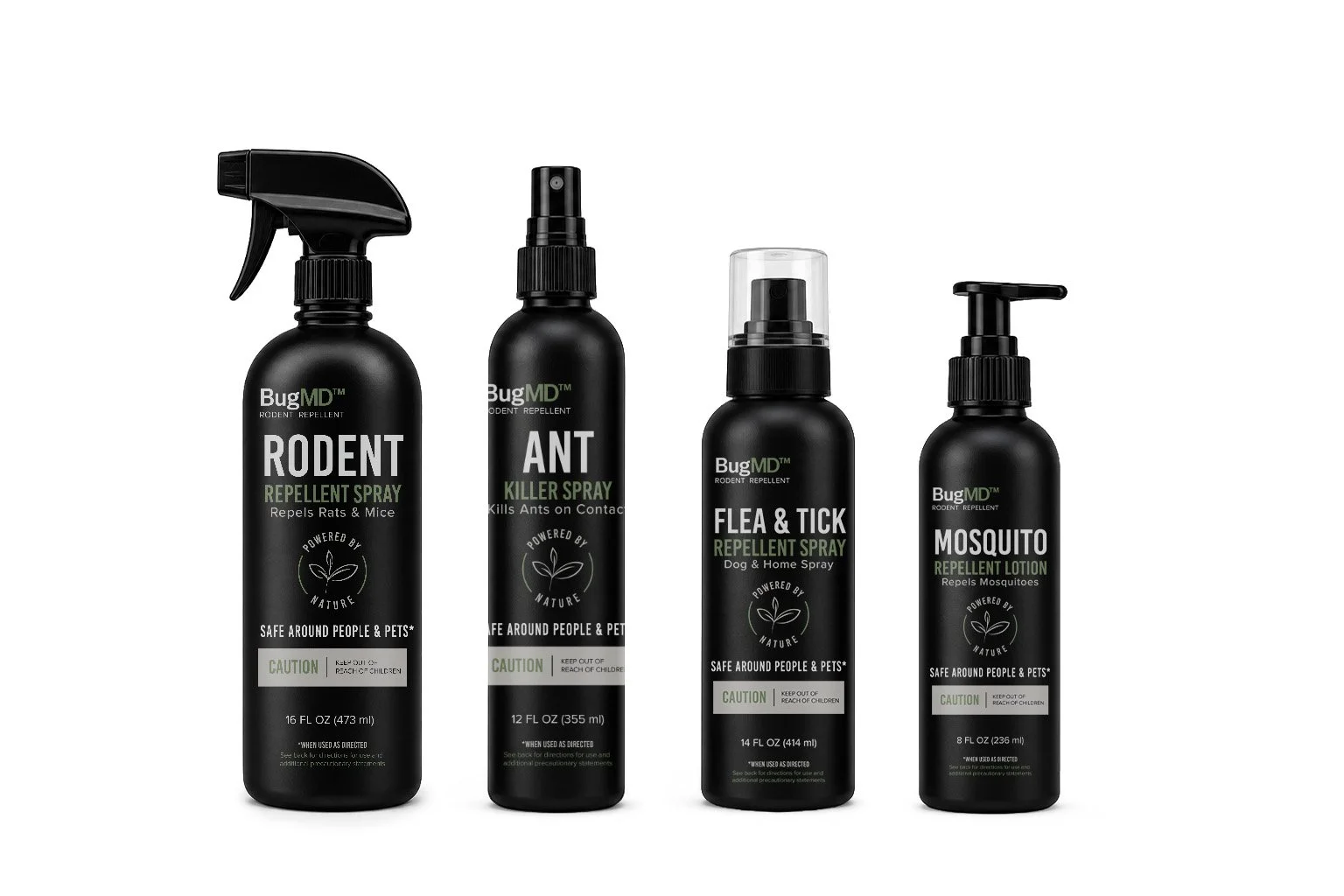 Four black spray bottles of pest control products, labeled from left to right: Rodent Repellent Spray, Ant Killer Spray, Flea & Tick Repellent Spray, and Mosquito Repellent Lotion, with white and green text on black backgrounds.