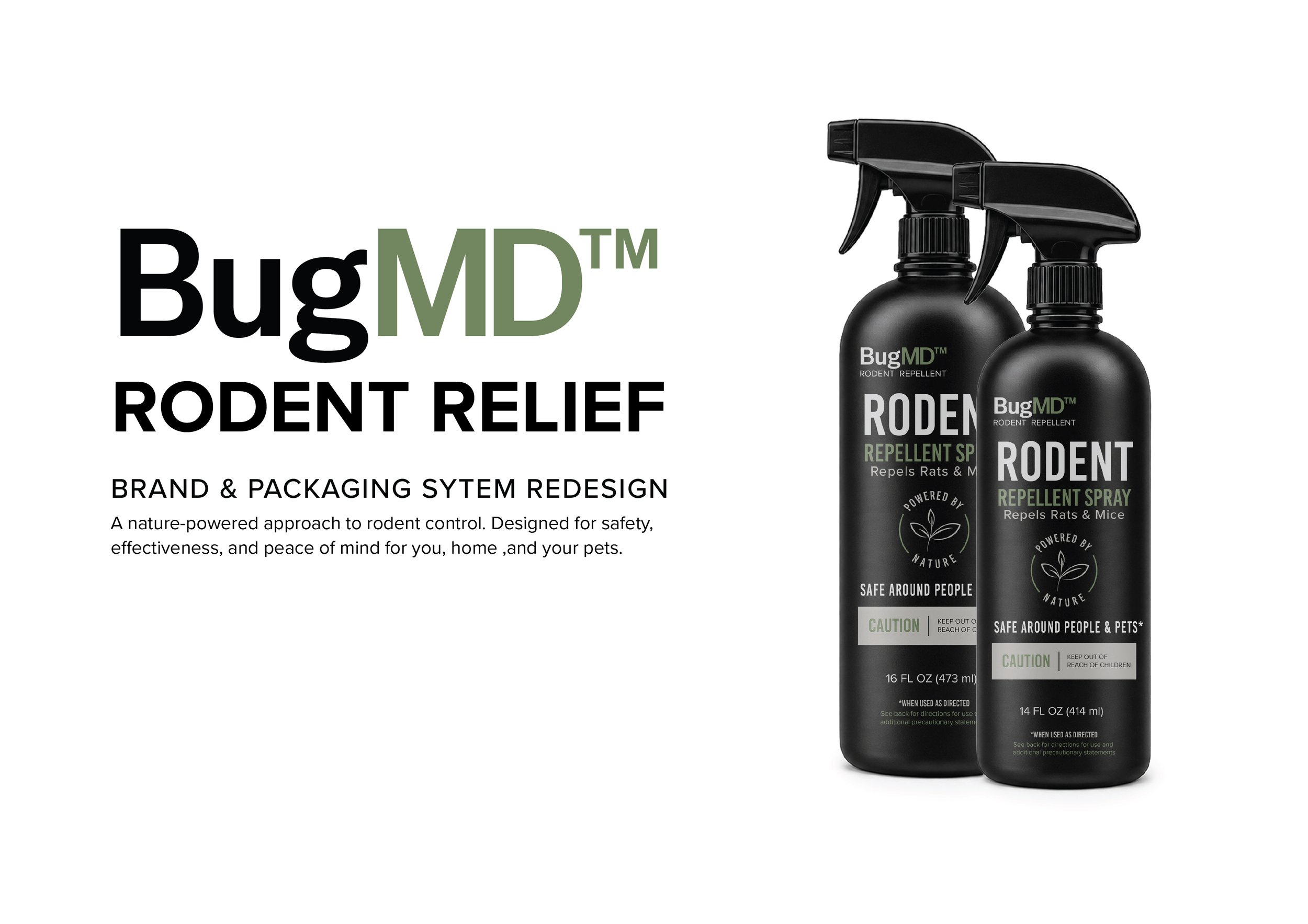 A logo for BugMD rodent relief spray featuring black and green text, two black spray bottles labeled "BugMD Rodent Repellent Spray" with caution and safety information, and a brief product description emphasizing its natural and pet-safe rodent control.