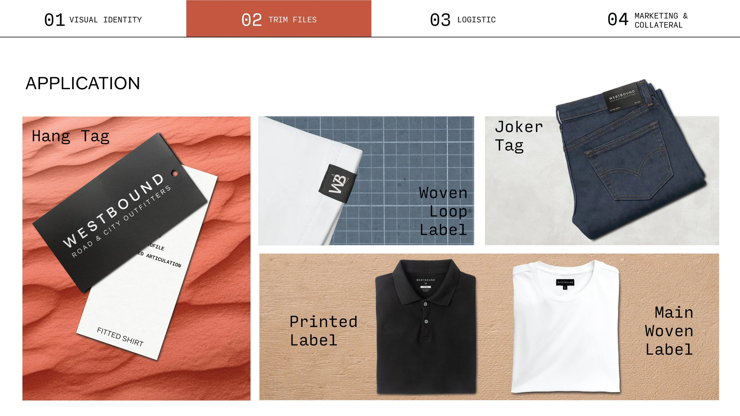 A graphic showing various clothing tags and labels with the title 'Application.' It includes a black hang tag with white text reading 'Westbound Road & City Outfitters,' a woven loop label, a pair of folded jeans labeled 'Joker Tag,' a black polo shirt labeled 'Printed Label,' and a white t-shirt labeled 'Main Woven Label.' The sections are marked with numbers and titles at the top.