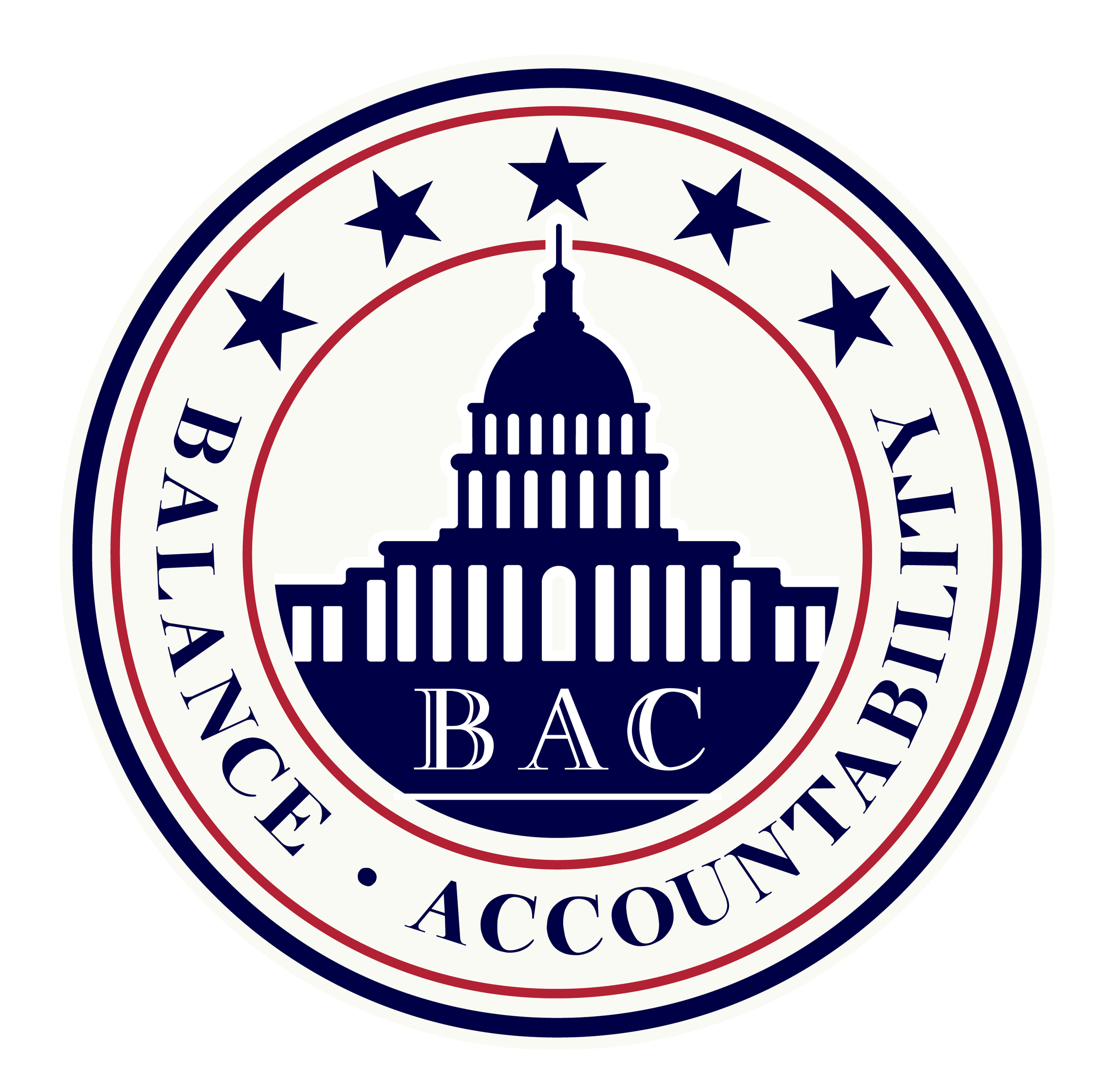 BAC logo for Balance and Accountability in Congress with a stylized Capitol building, stars, and the initials BAC in navy blue and red.