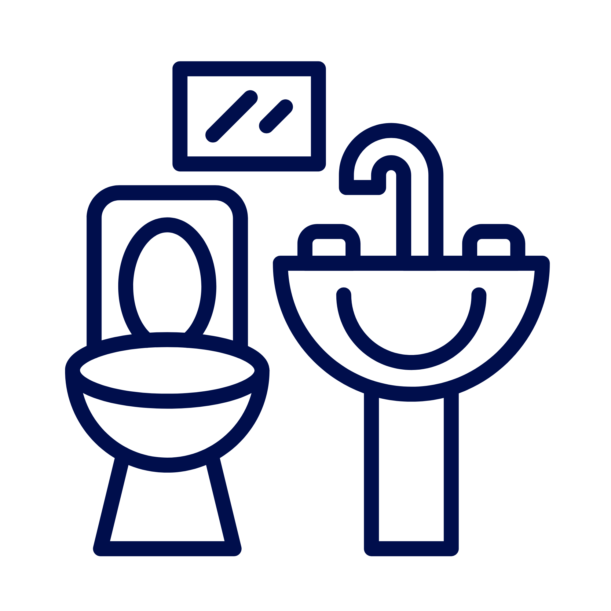Line drawing of a bathroom with a toilet, sink, and a mirror.