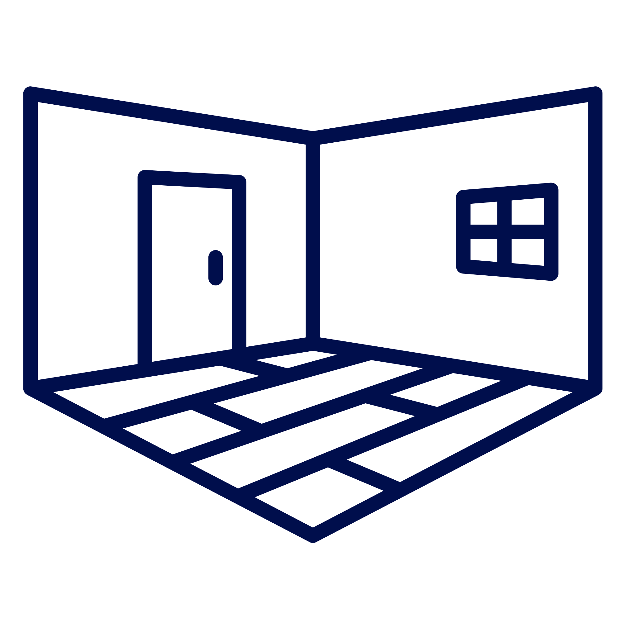 Line drawing of an open house with a door, window, and flooring layout, in dark blue lines.