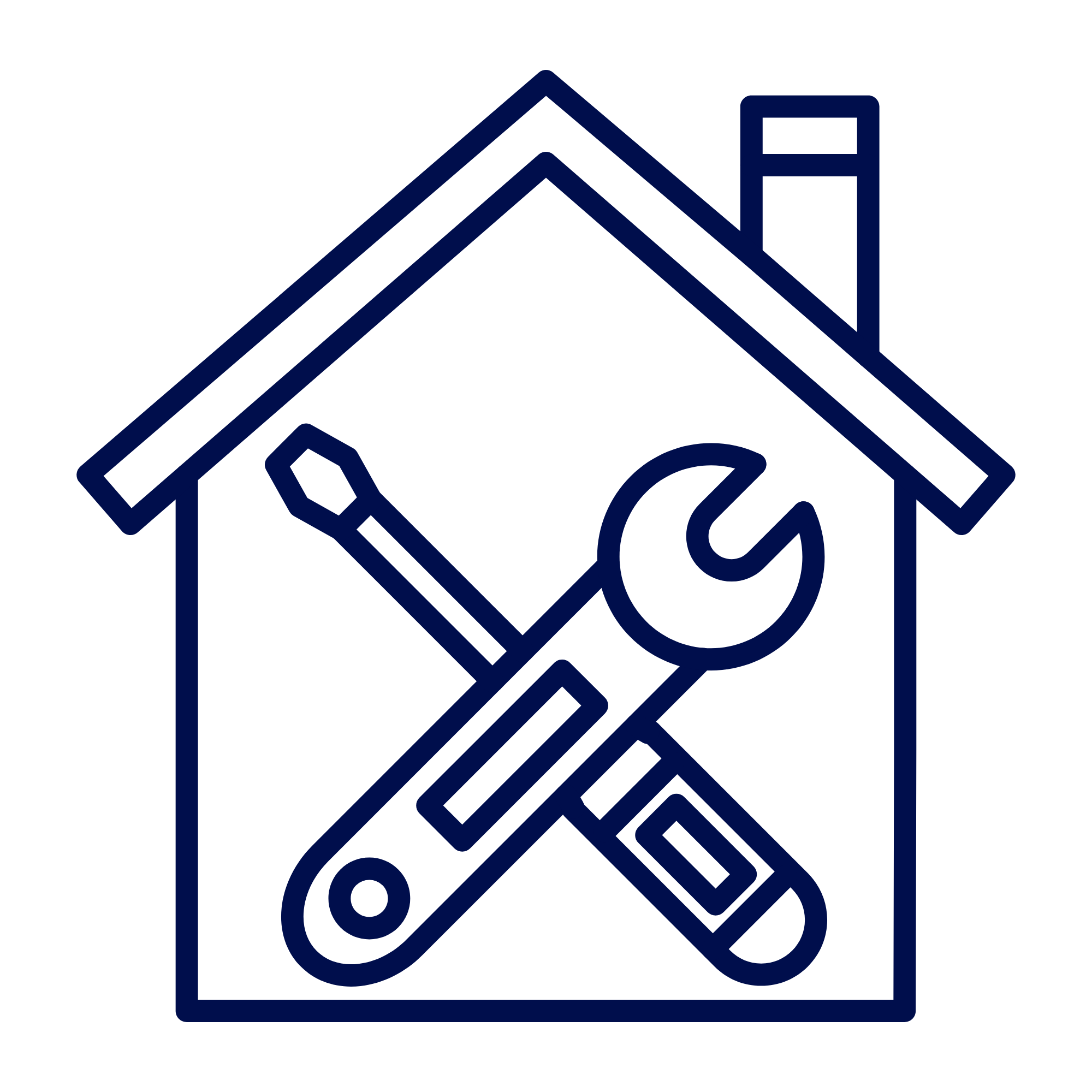 Outline drawing of a house with a hammer, wrench, paintbrush, and ruler inside, representing home repair and maintenance tools.