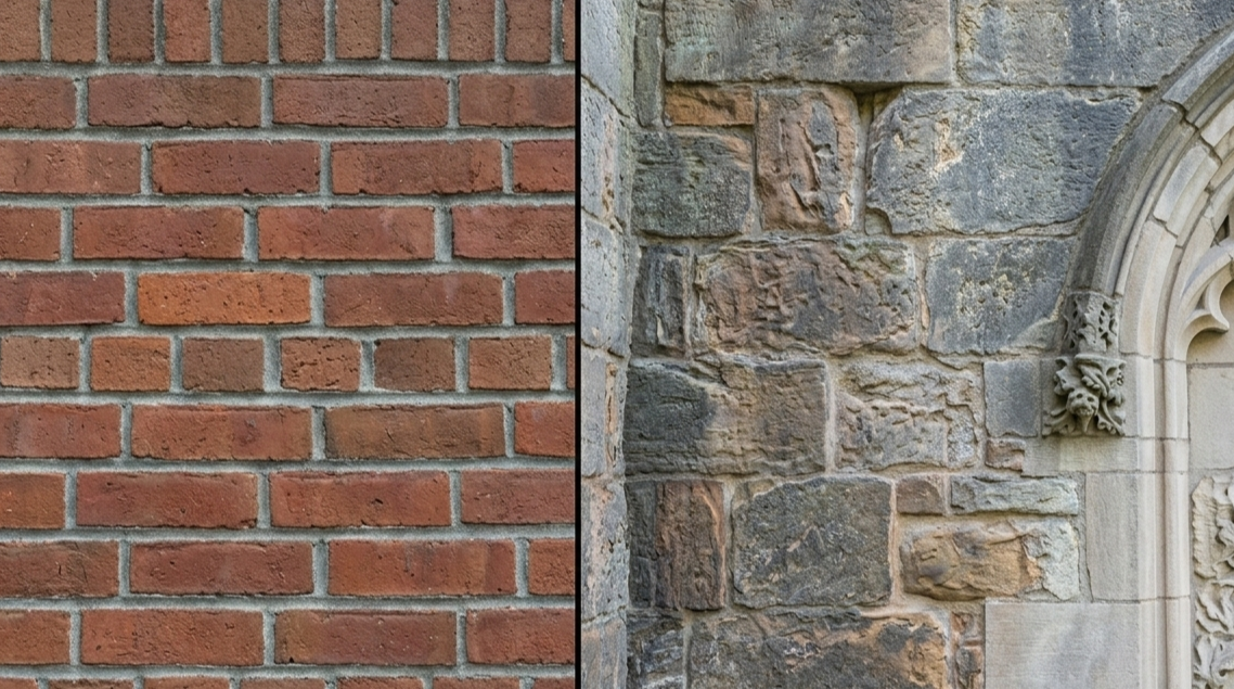 Comparison of a red brick wall and a decorative stone wall featuring classic architectural stonework, representing the professional admissions consulting and elite admissions outcomes provided by Bricks to Stone Education.