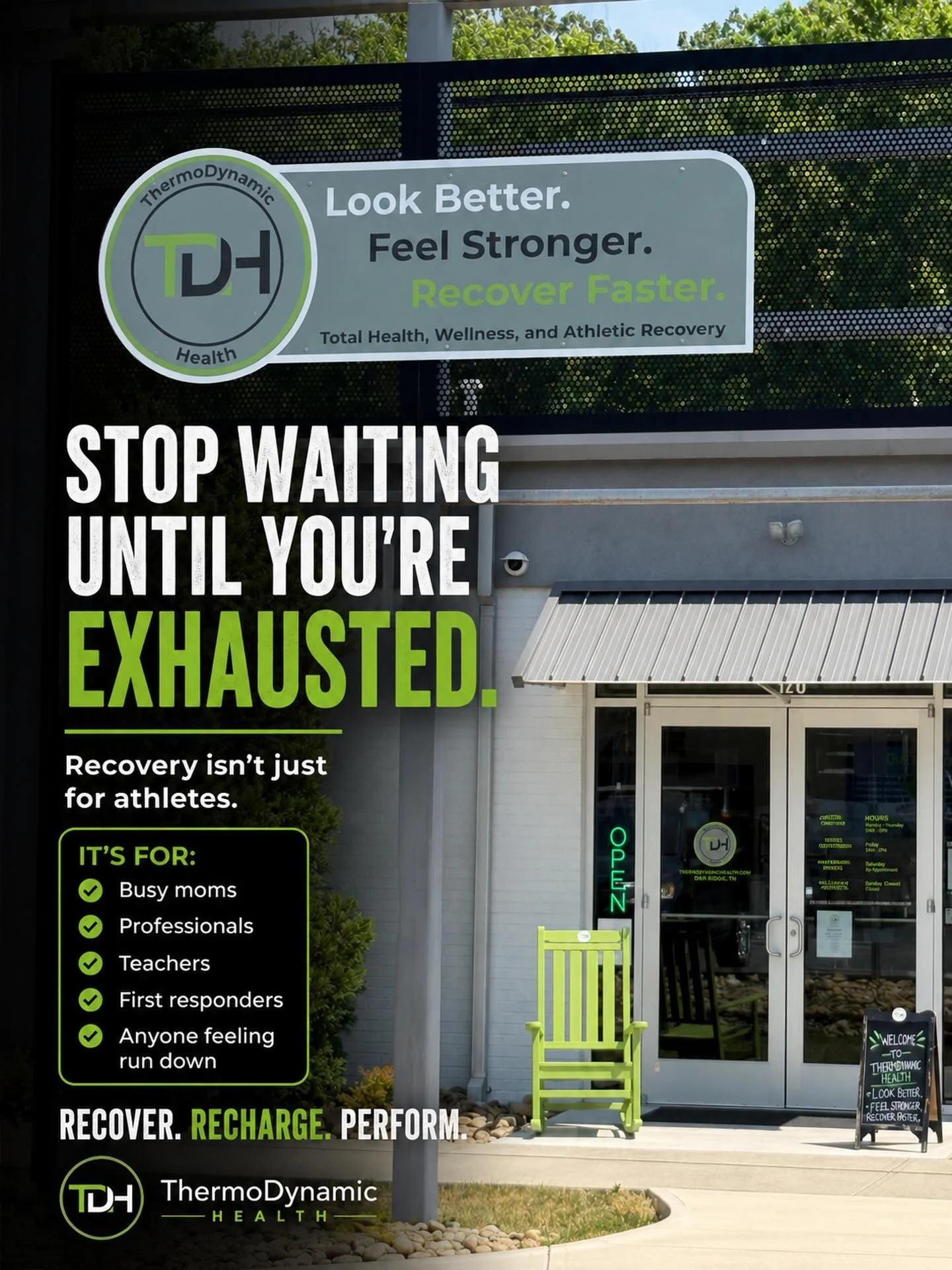 You don&rsquo;t have to be training for a marathon to prioritize recovery.

If you&rsquo;re constantly tired, sore, stressed, or feeling like you&rsquo;re running on empty, your body is asking for support.

At ThermoDynamic Health, our recovery servi