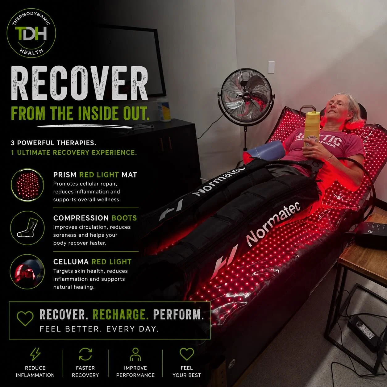 3 recovery therapies. One powerful session. ⚡️

With our Prism Red Light Mat + Compression Boots + Celluma Red Light Therapy, you&rsquo;re getting the ultimate recovery experience all at once.

✨ Reduce inflammation
✨ Boost circulation
✨ Support musc