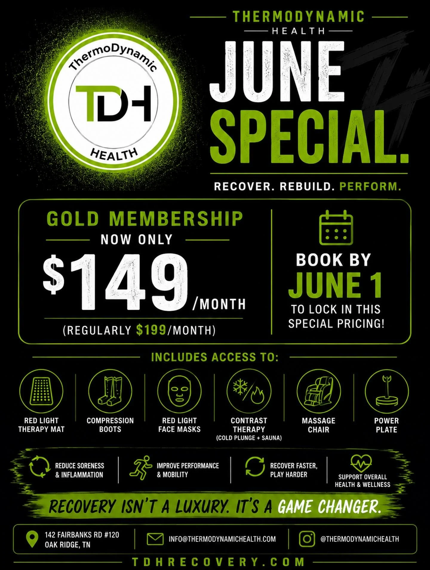 Summer is here ☀️

And for the month of June, we&rsquo;re offering special pricing on our Gold Membership.

✨ ONLY $149 for your first month
(Regularly $199/month)

Includes access to:
&bull; Red Light Therapy Mat
&bull; Compression Boots
&bull; Red 