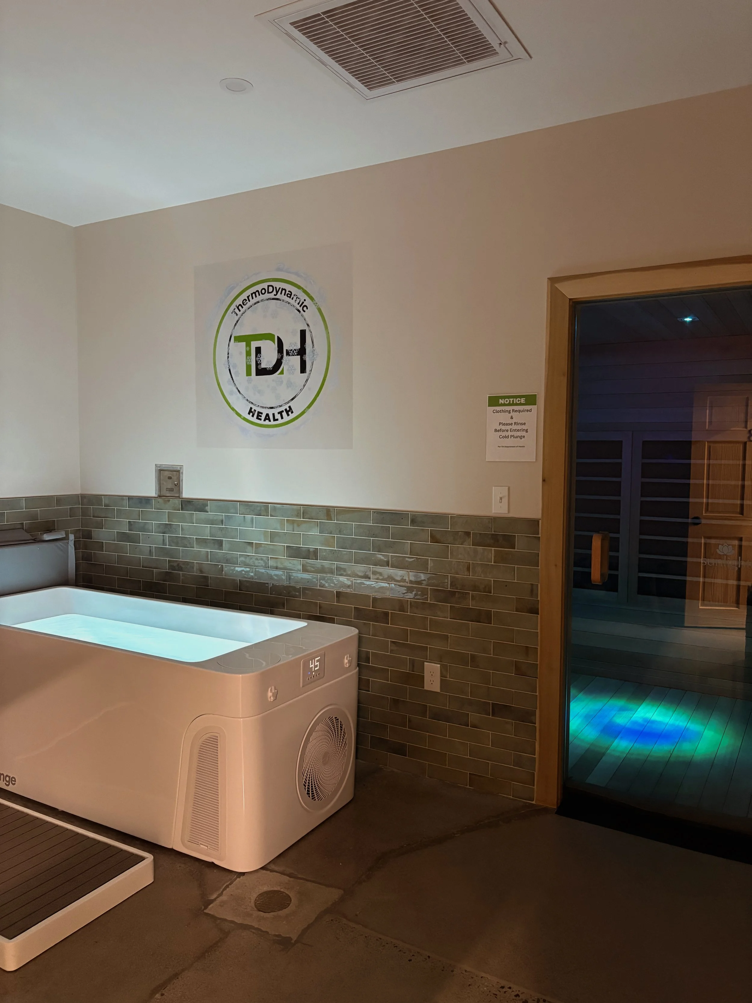 Cold plunge and sauna room at ThermoDynamic Health wellness and recovery center in Oak Ridge, TN