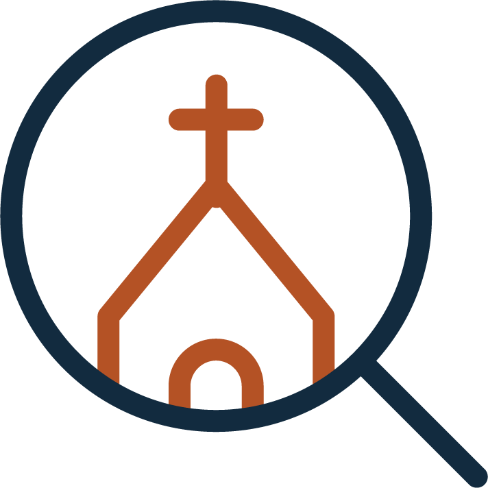 icon of church within a magnifying glass.