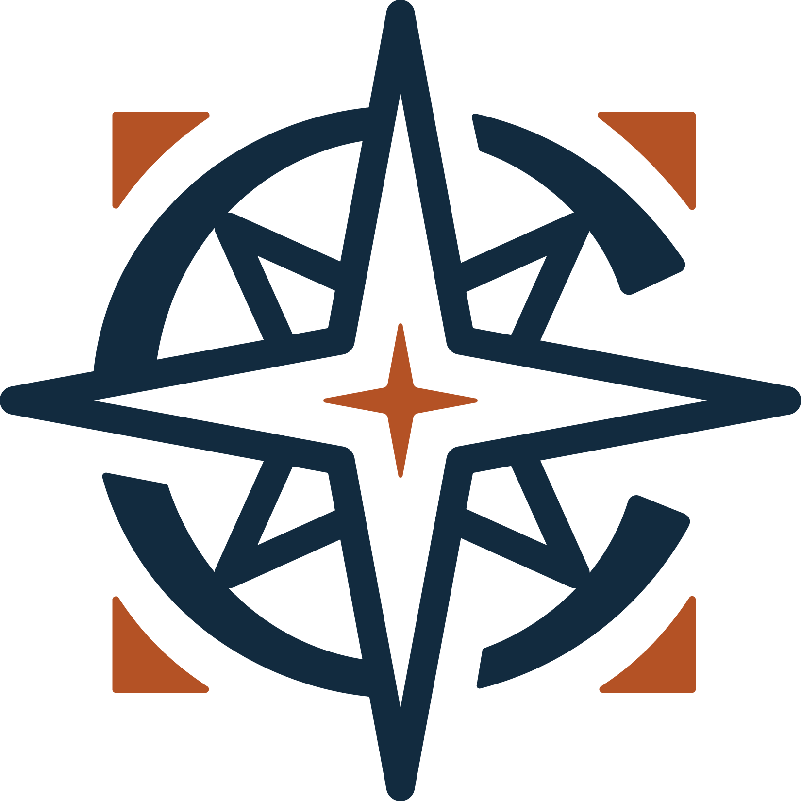 A logo of a stylized compass rose with a circular C around it, featuring dark blue and burnt orange colors.