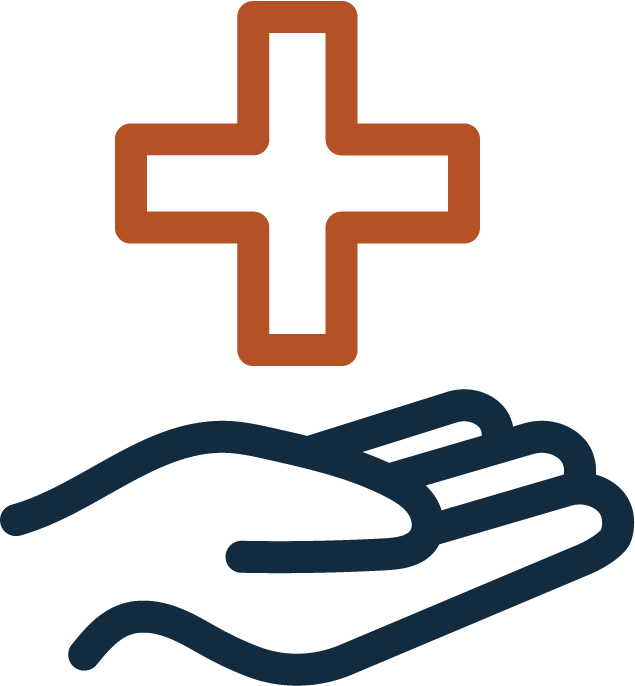 A stylized blue hand with a burnt orange plus sign above it, indicating additional services offered.