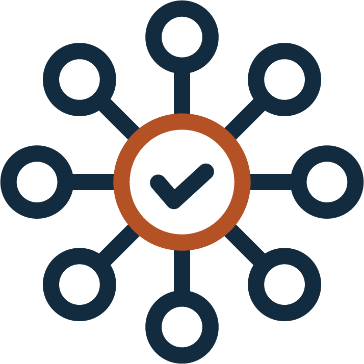 Icon of a navy blue checkmark encircled by an orange circle with 8 navy blue circular nodes surrounding the one orange node. Each connect individually to the orange node.