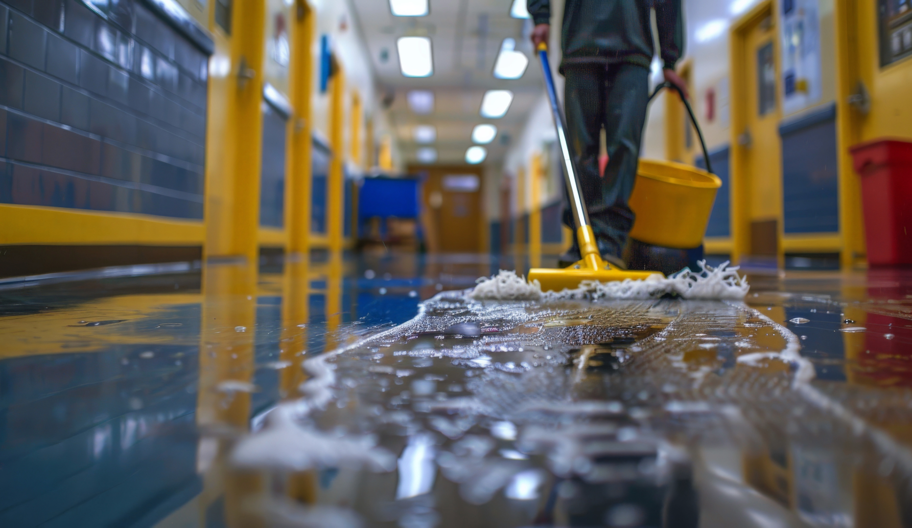 A janitor mops the floor of a school hallway with yellow walls and blue lockers, with water and soap suds on the wet floor.