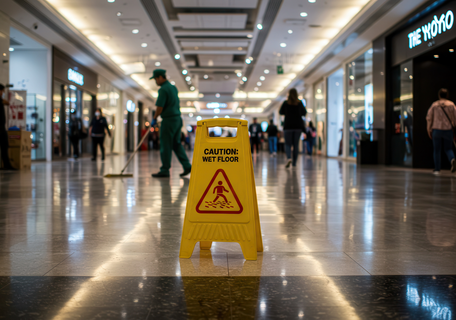 A yellow caution sign that says 'Caution: Wet Floor' in an airport terminal corridor, with several people walking and a worker mopping the wet floor.