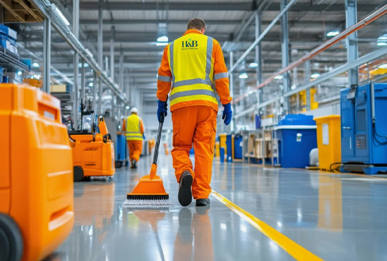 A worker in orange and yellow safety gear sweeping the floor with a broom in an industrial or warehouse setting.