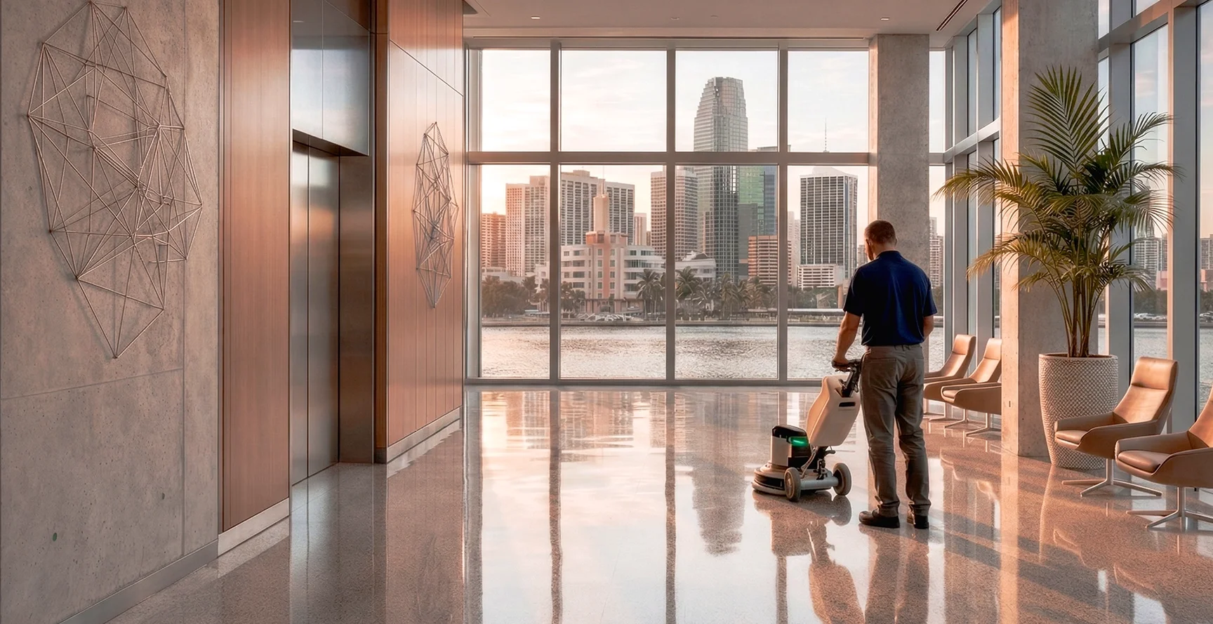 A man pushing a floor cleaning machine in a spacious modern Miami lobby with large floor to ceiling windows overlooking a city skyline and water, decorated with wall art and potted plants.