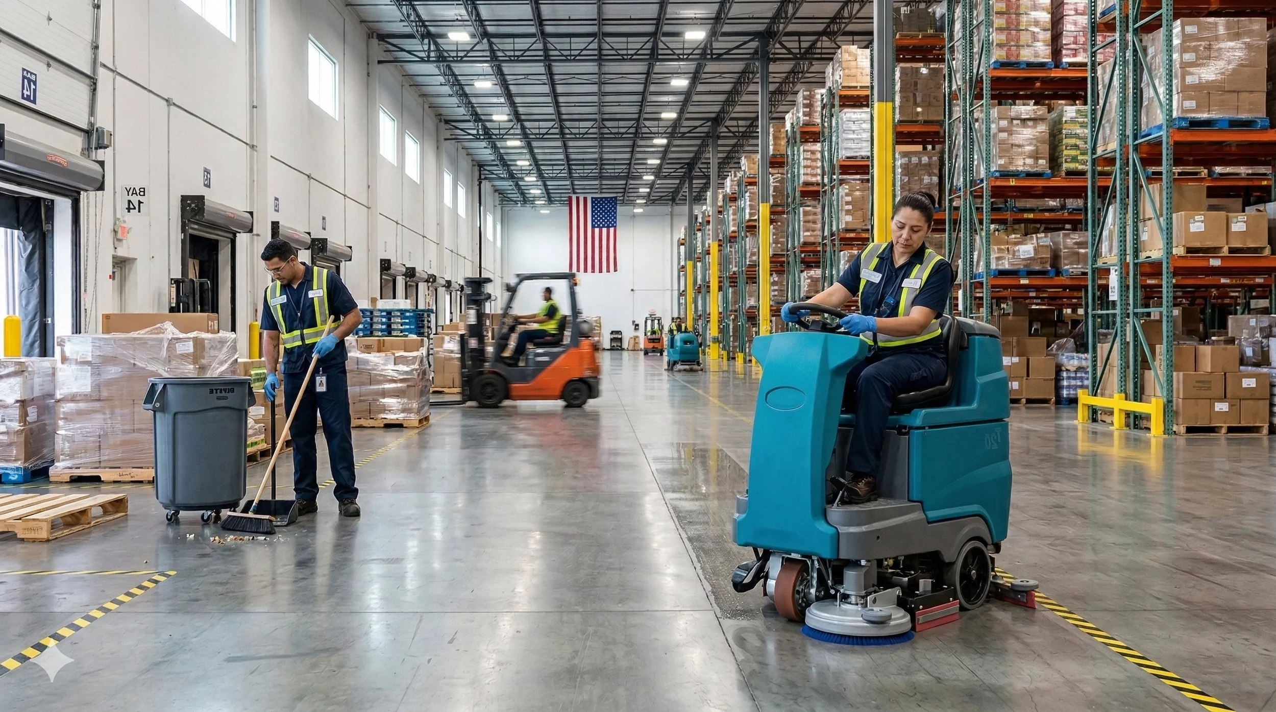 Warehouse workers polishing floors on an industrial machine in a large, busy facility with shelves filled with boxes, a forklift in motion, and an American flag hanging from the ceiling.
