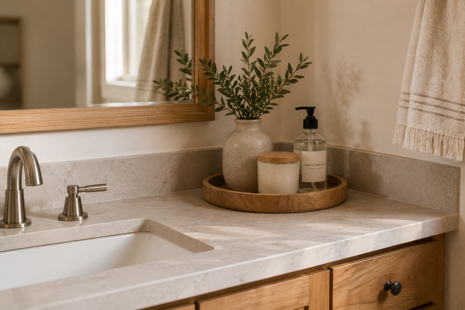 Warm bathroom vanity after a simple morning reset with a clear counter, small tray and everyday essentials in soft natural light.