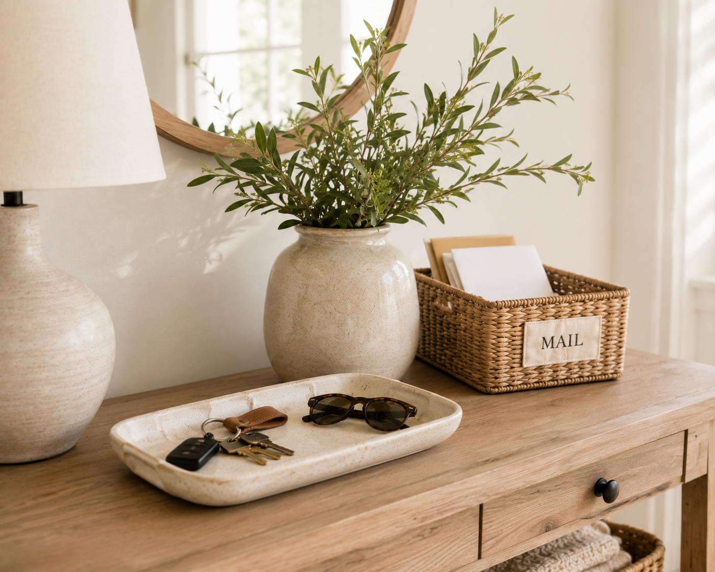 Organized entryway console table with a ceramic catchall tray, keys, sunglasses, woven mail basket, table lamp, and fresh greenery in a bright, welcoming home.