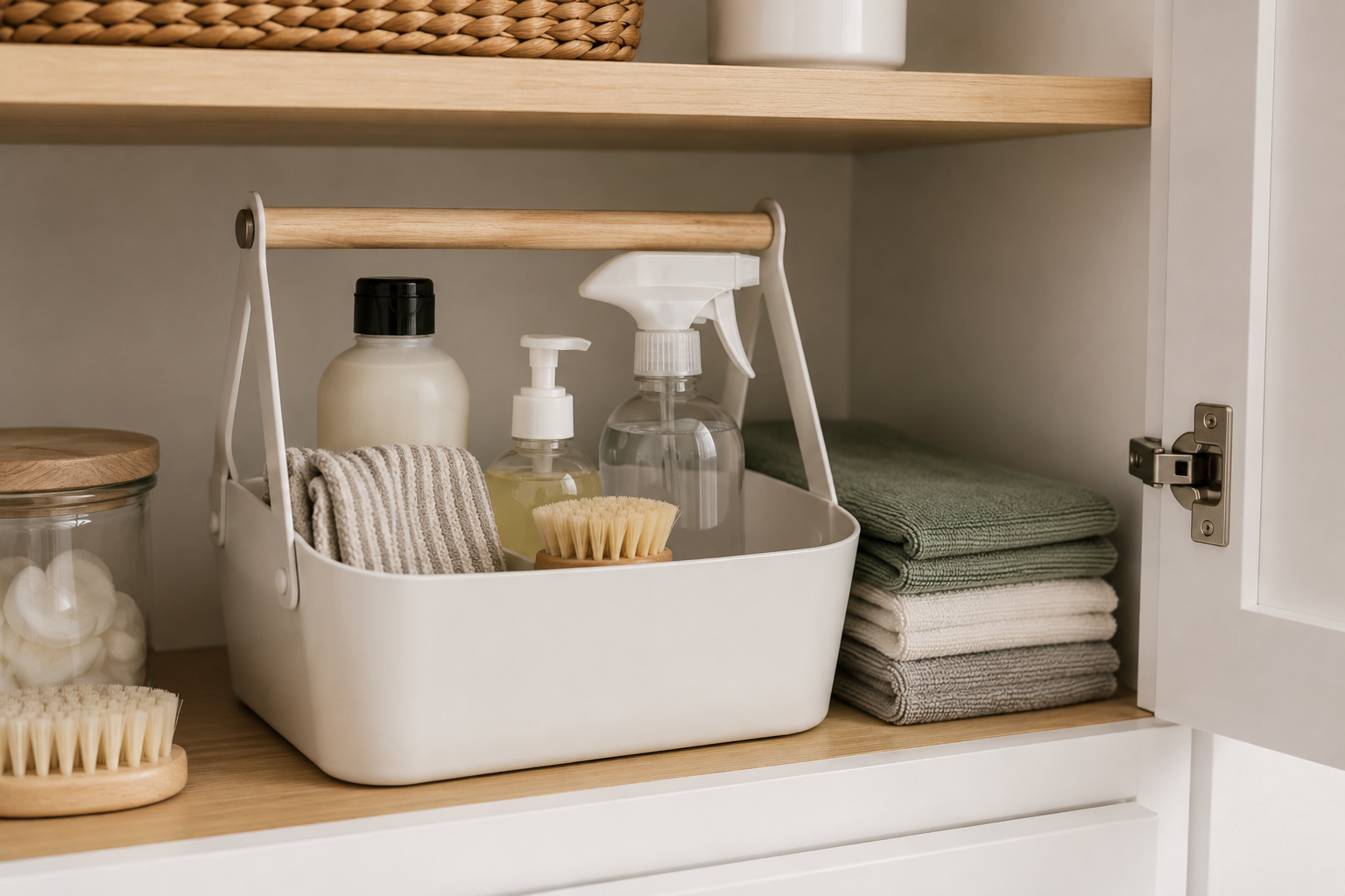 Simple cleaning caddy with everyday cleaning supplies and microfiber cloths stored inside a cabinet