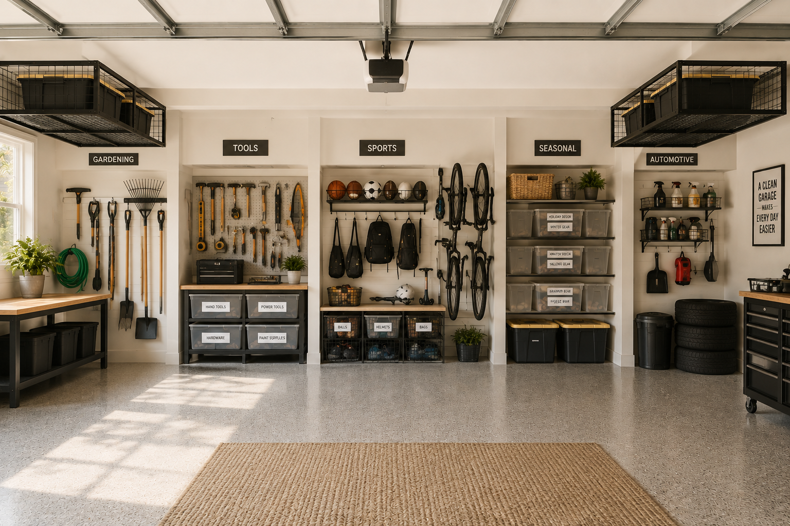 Organized garage with clearly defined storage zones using wall-mounted hooks, labeled bins, shelving, overhead storage, and open floor space.