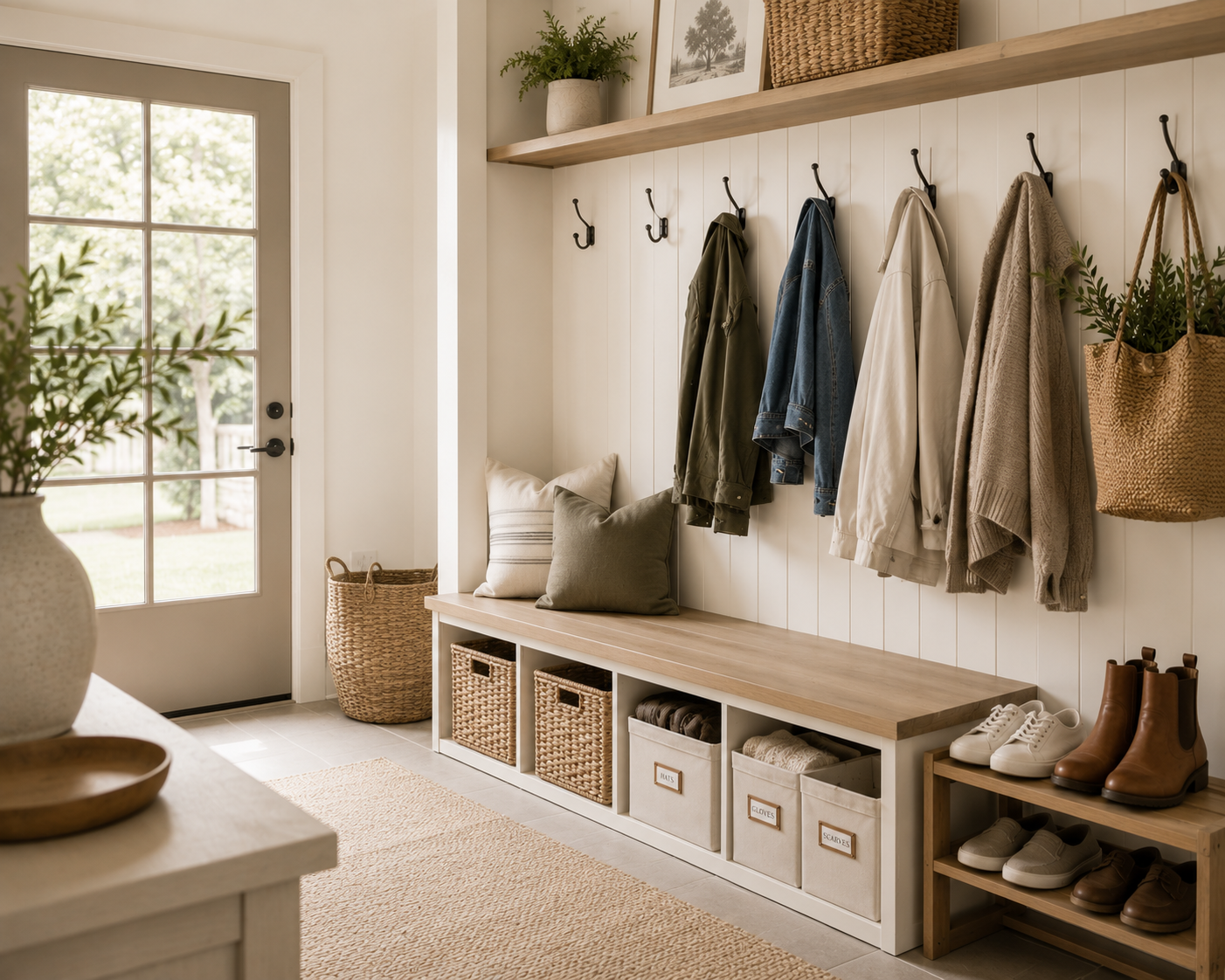 Bright mudroom-style entryway with a built-in wooden bench, woven baskets, labeled storage bins, wall hooks, and neatly organized shoes creating a functional home entrance.